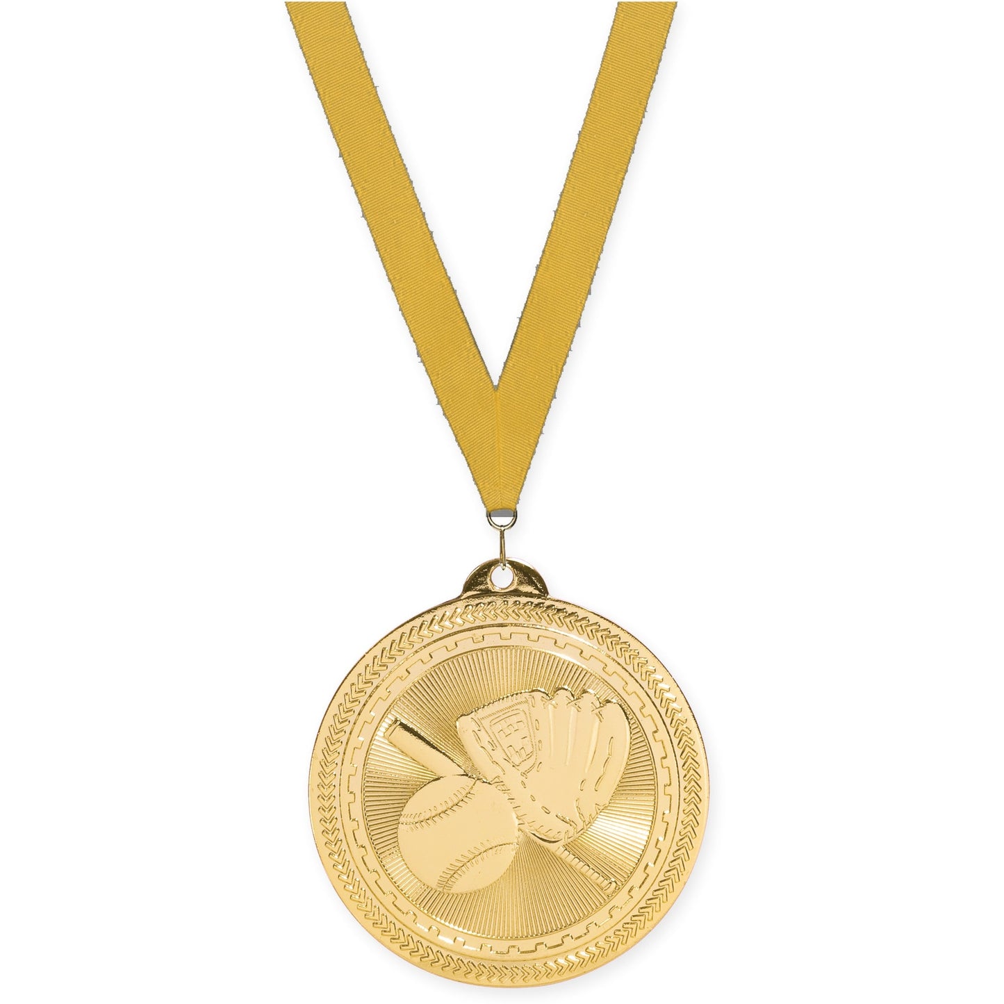 2 inch baseball and softball Sunburst medal in bright gold with Gold neck ribbon