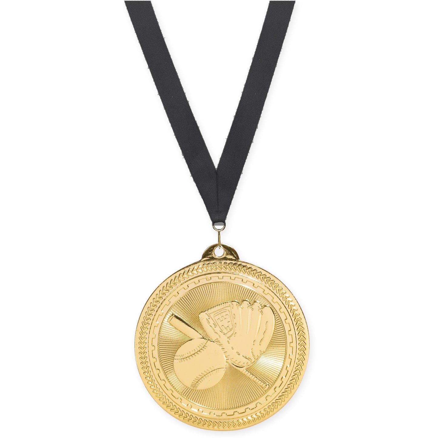 2 inch baseball and softball Sunburst medal in bright gold with Black neck ribbon