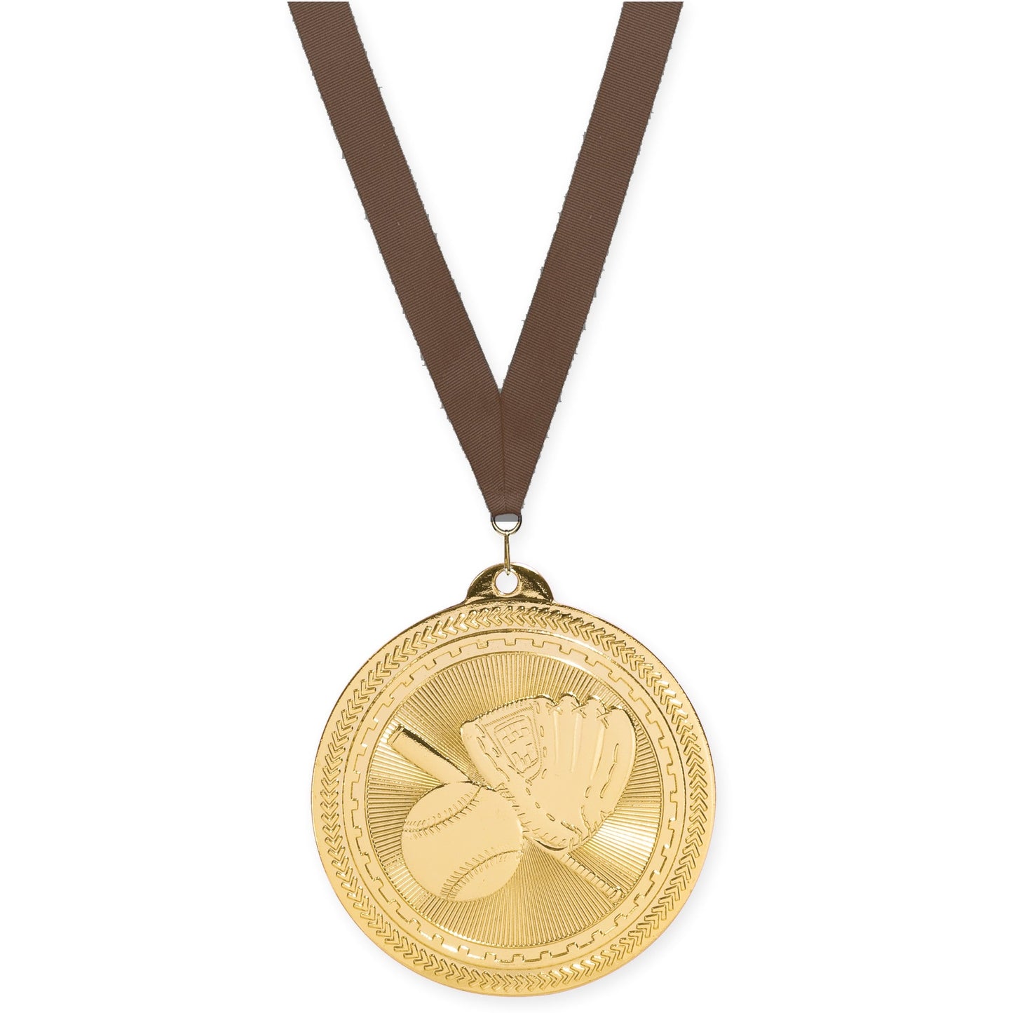 2 inch baseball and softball Sunburst medal in bright gold with Brown neck ribbon