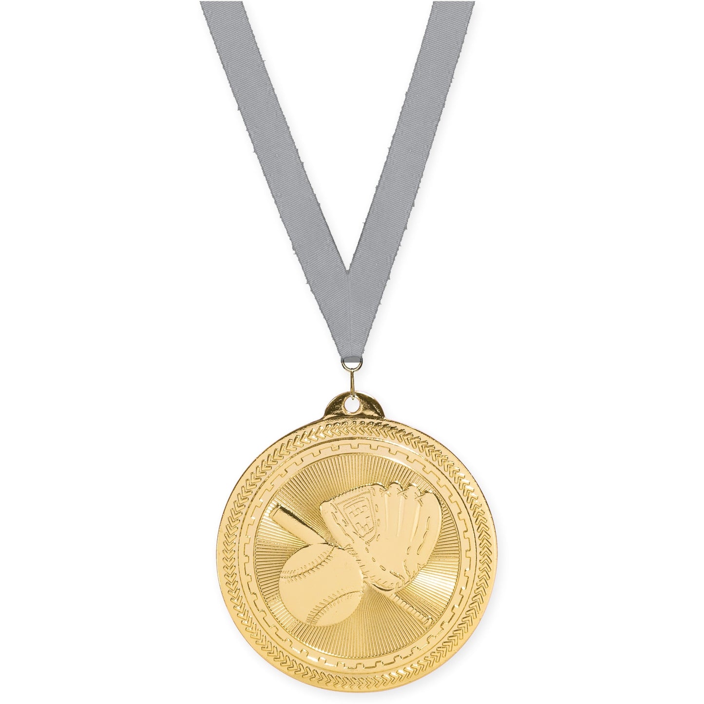 2 inch baseball and softball Sunburst medal in bright gold with Gray neck ribbon