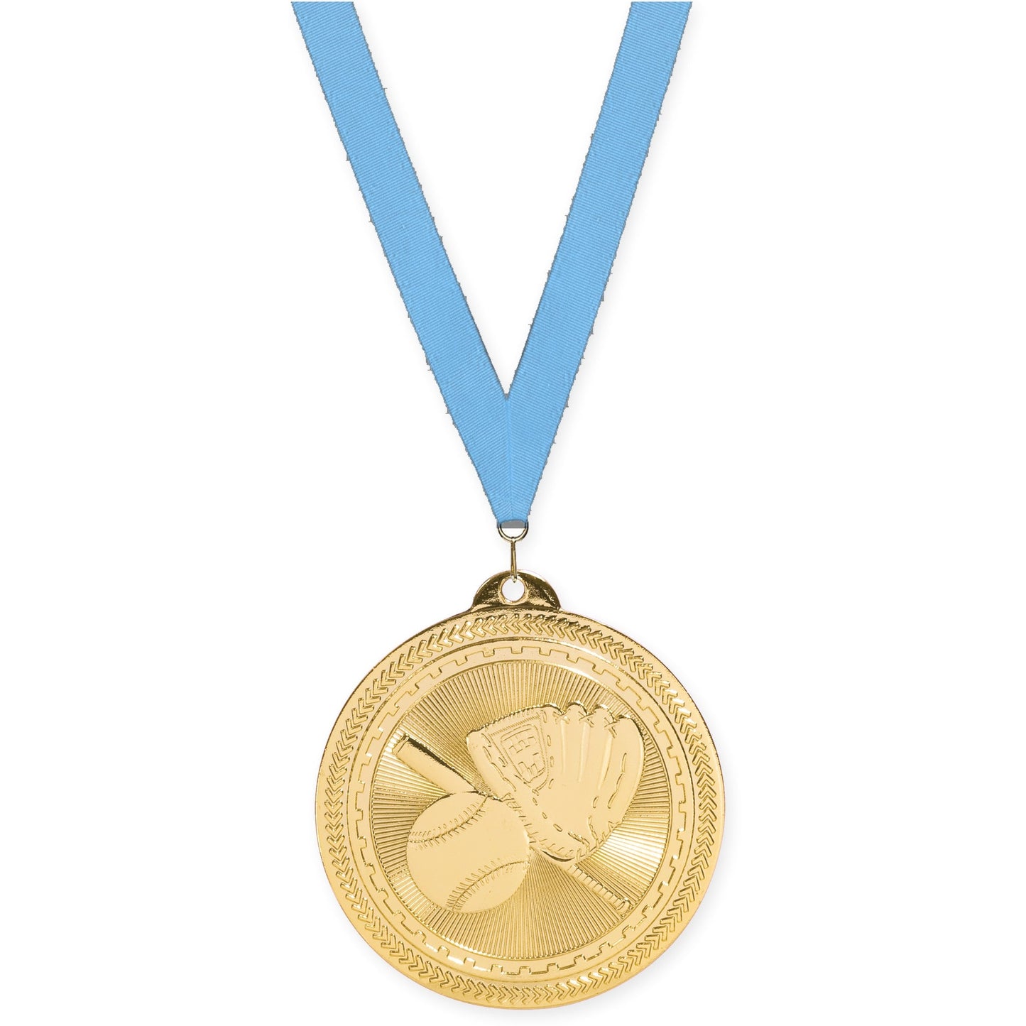 2 inch baseball and softball Sunburst medal in bright gold with Light Blue neck ribbon