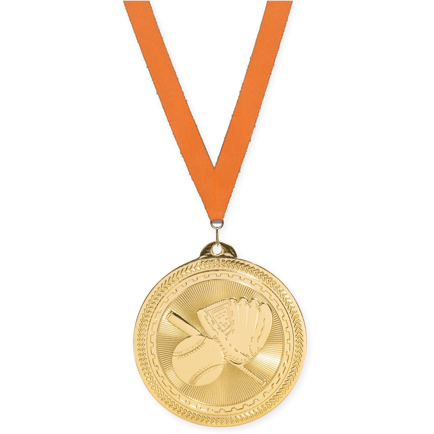 2 inch baseball and softball Sunburst medal in bright gold with Orange neck ribbon