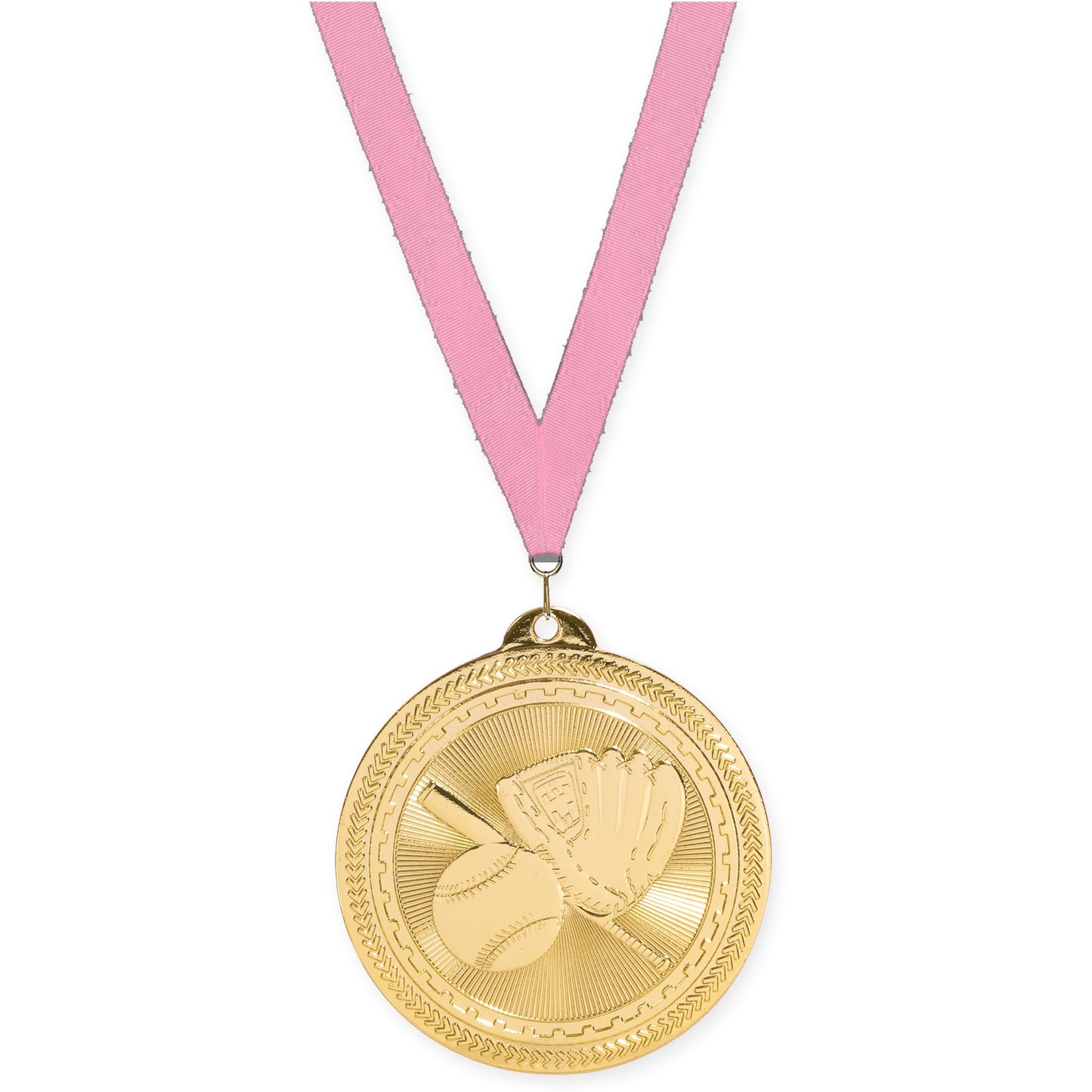 2 inch baseball and softball Sunburst medal in bright gold with Pink neck ribbon