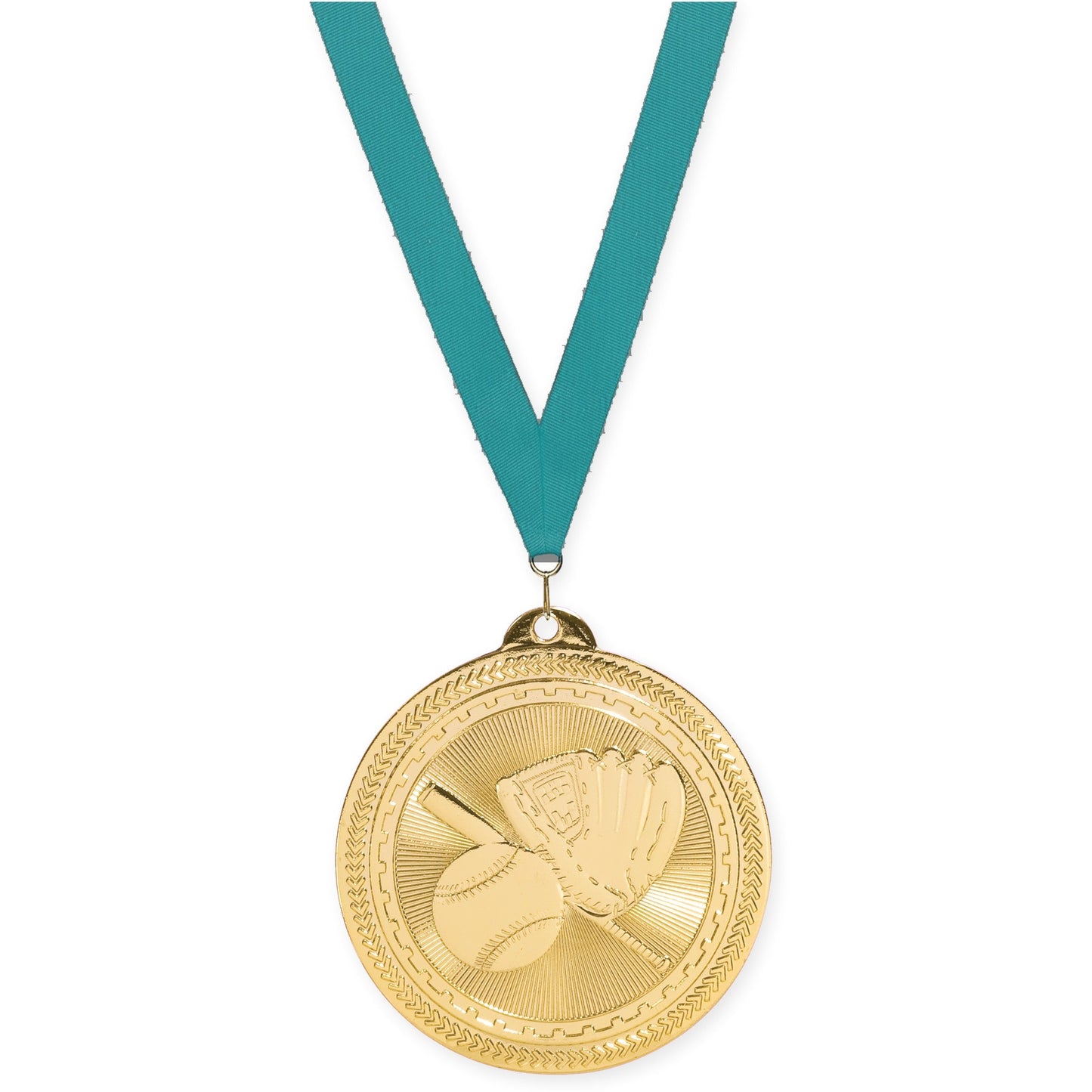 2 inch baseball and softball Sunburst medal in bright gold with Teal neck ribbon