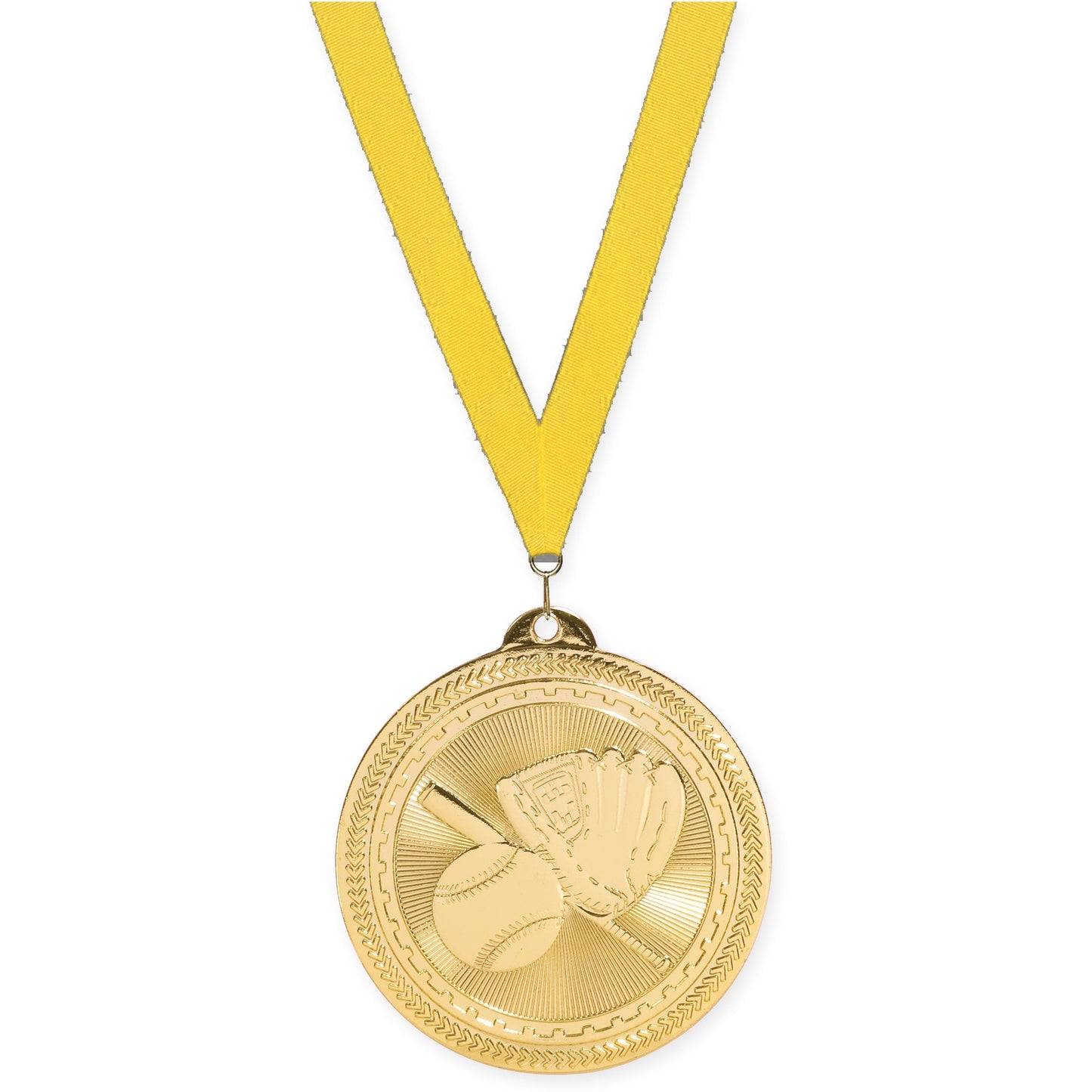 2 inch baseball and softball Sunburst medal in bright gold with Yellow neck ribbon