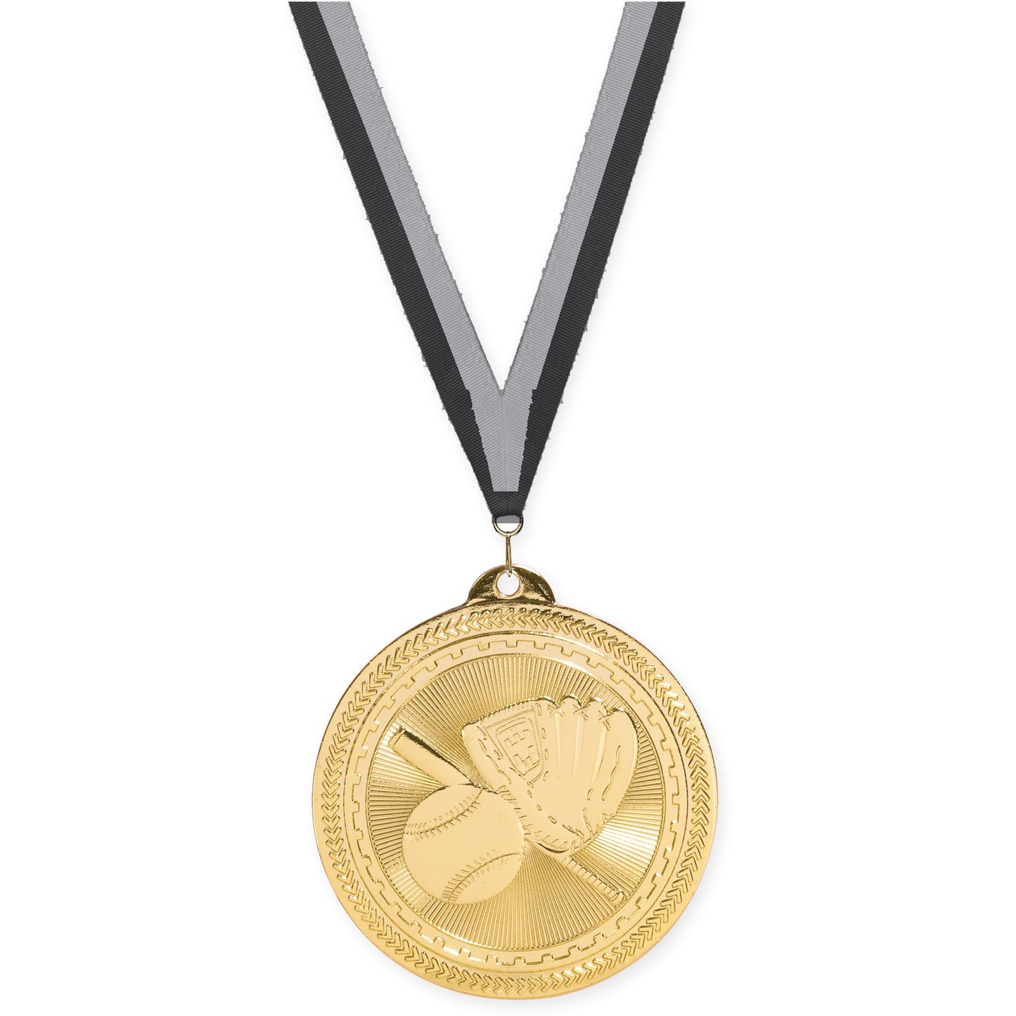 2 inch baseball and softball Sunburst medal in bright gold with Black Gray neck ribbon