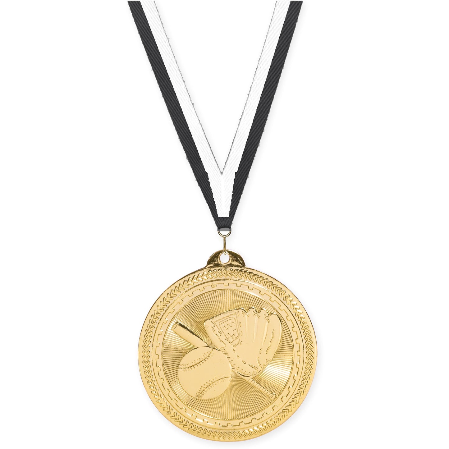 2 inch baseball and softball Sunburst medal in bright gold with Black White neck ribbon