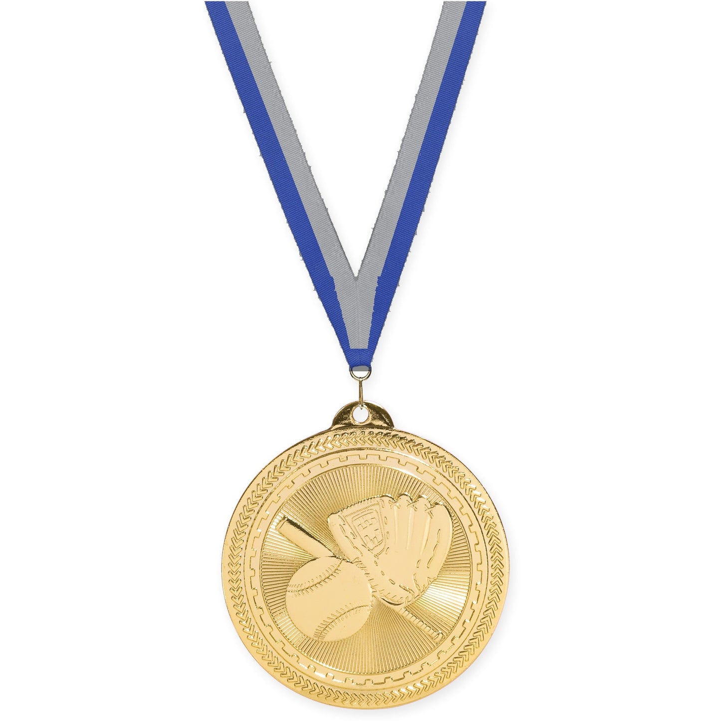 2 inch baseball and softball Sunburst medal in bright gold with Blue Gray neck ribbon