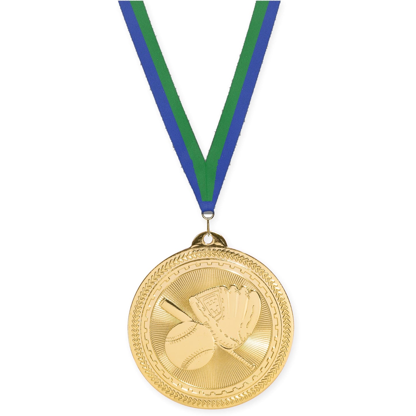 2 inch baseball and softball Sunburst medal in bright gold with Blue Green neck ribbon