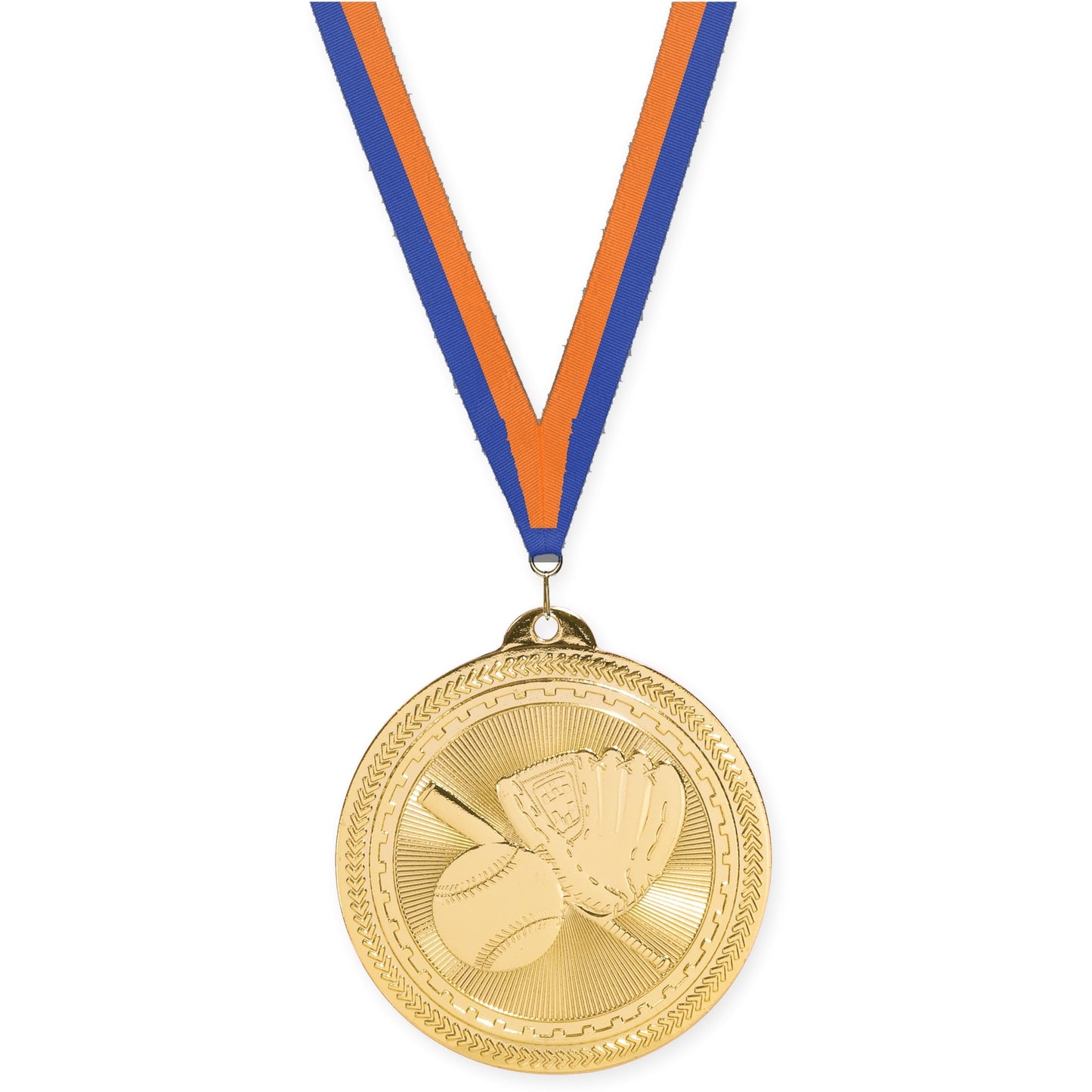 2 inch baseball and softball Sunburst medal in bright gold with Blue Orange neck ribbon
