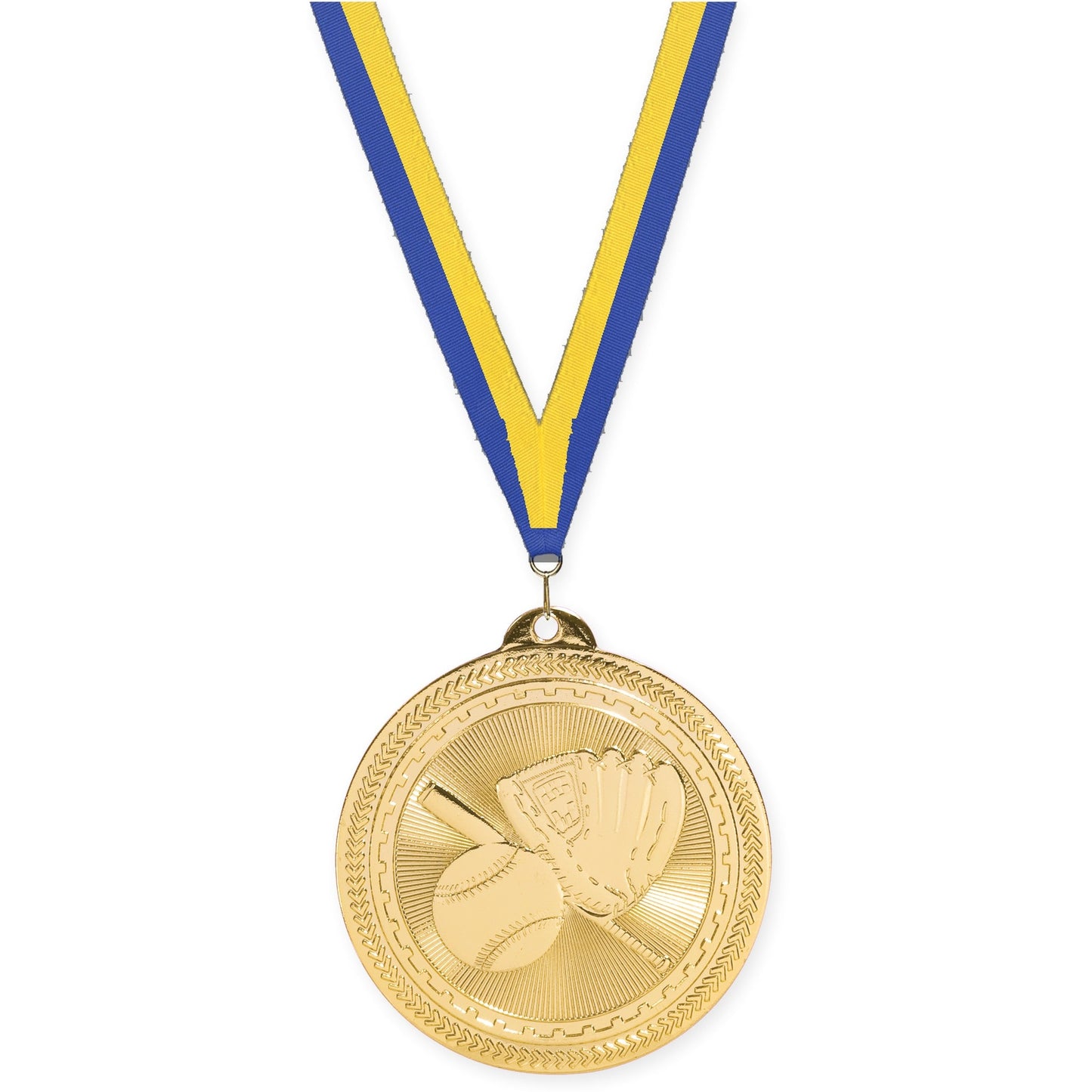 2 inch baseball and softball Sunburst medal in bright gold with Blue Yellow neck ribbon