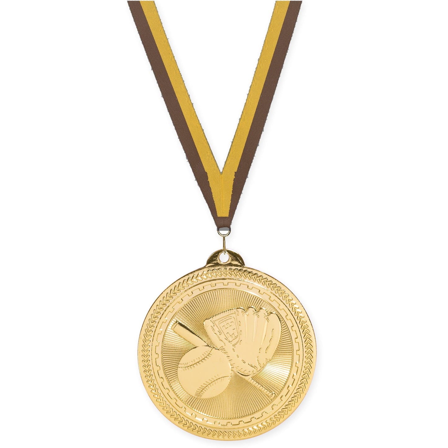 2 inch baseball and softball Sunburst medal in bright gold with Brown Gold neck ribbon