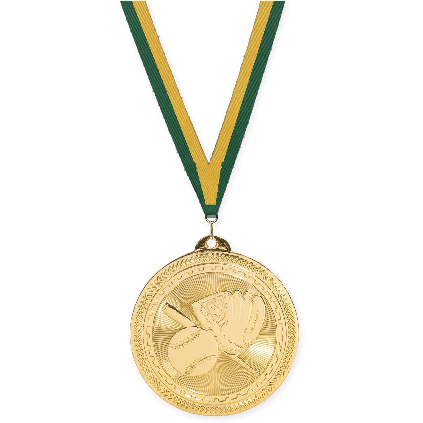 2 inch baseball and softball Sunburst medal in bright gold with Hunter Green Gold neck ribbon