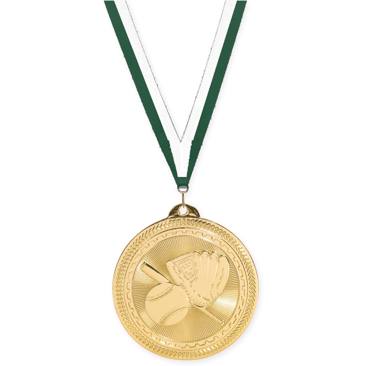 2 inch baseball and softball Sunburst medal in bright gold with Hunter Green White neck ribbon
