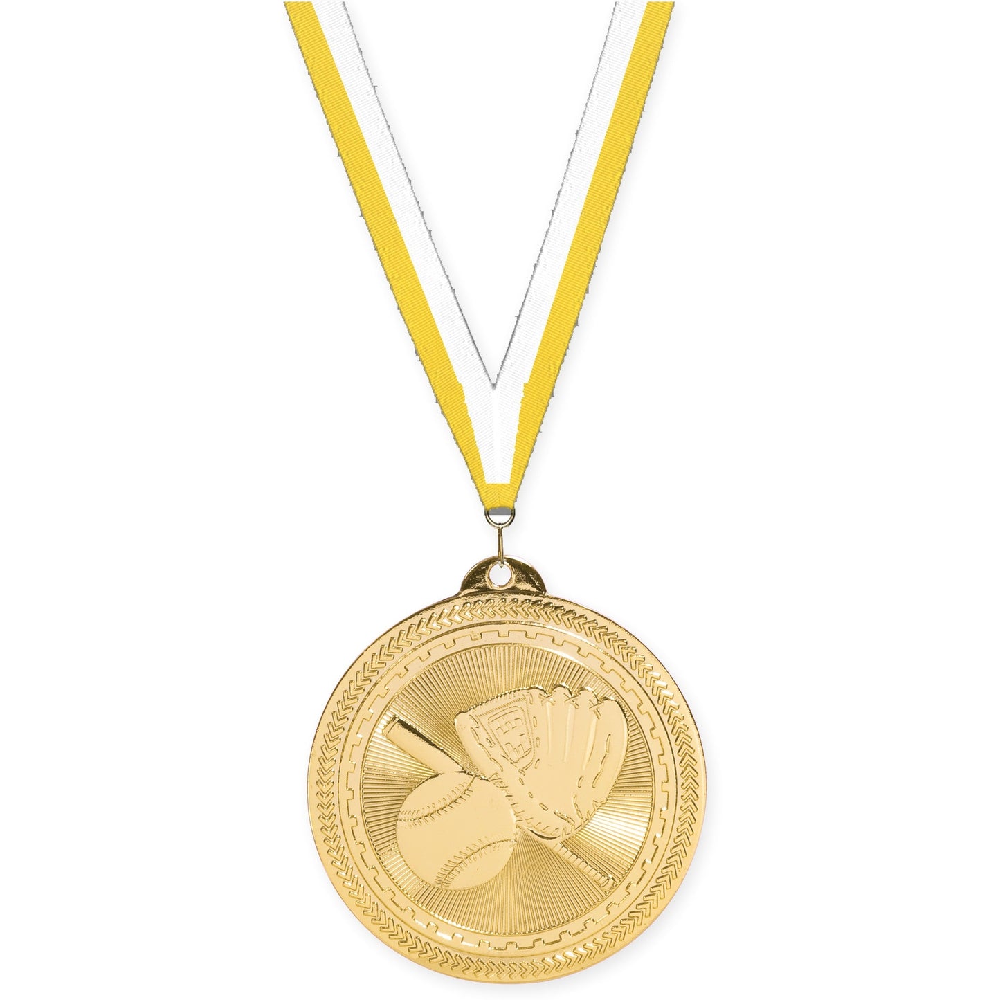 2 inch baseball and softball Sunburst medal in bright gold with Yellow White neck ribbon