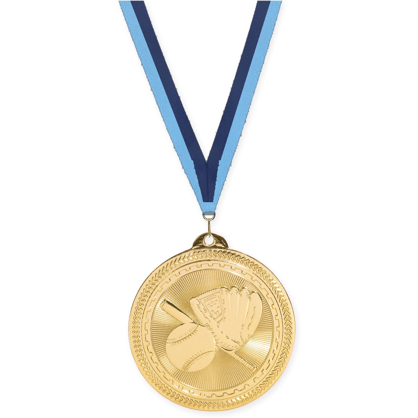 2 inch baseball and softball Sunburst medal in bright gold with Light Blue Navy neck ribbon