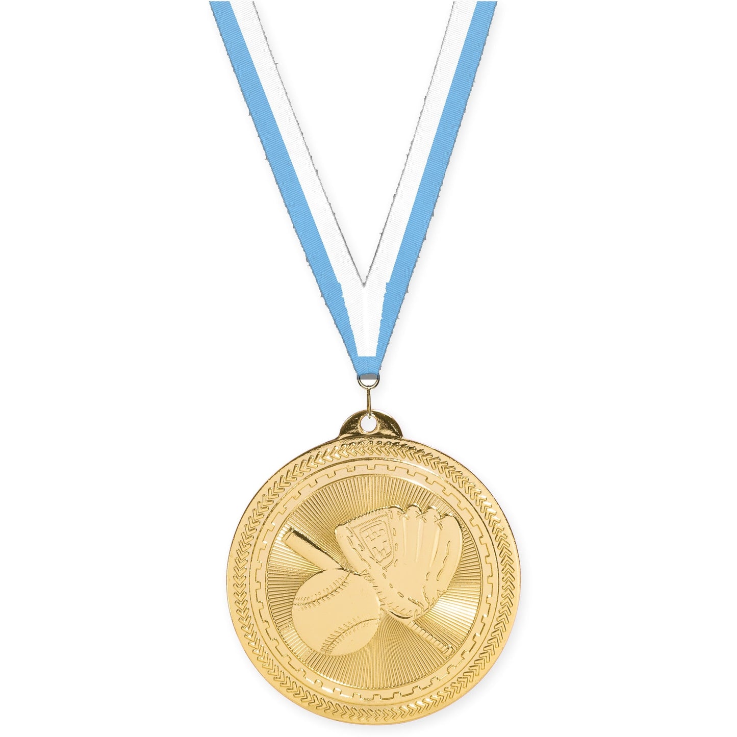 2 inch baseball and softball Sunburst medal in bright gold with Light Blue White neck ribbon