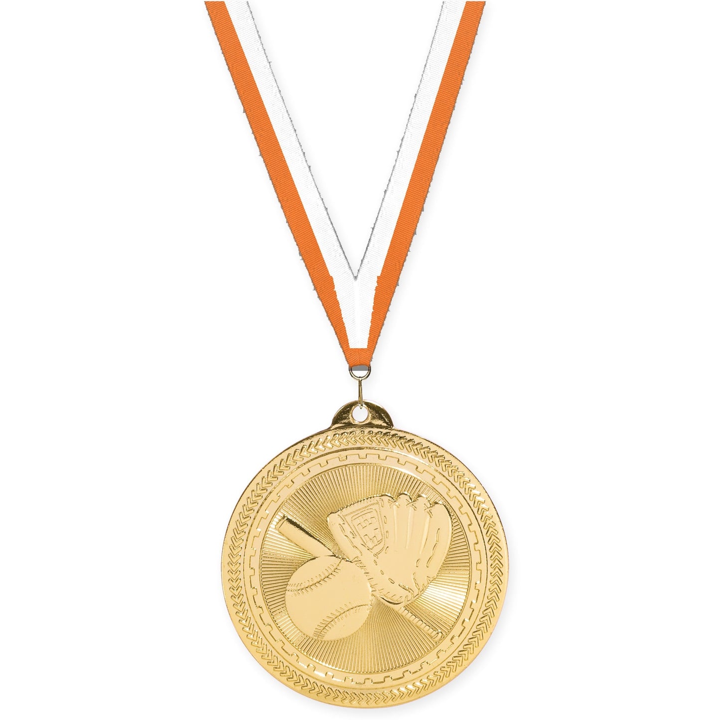 2 inch baseball and softball Sunburst medal in bright gold with Orange White neck ribbon
