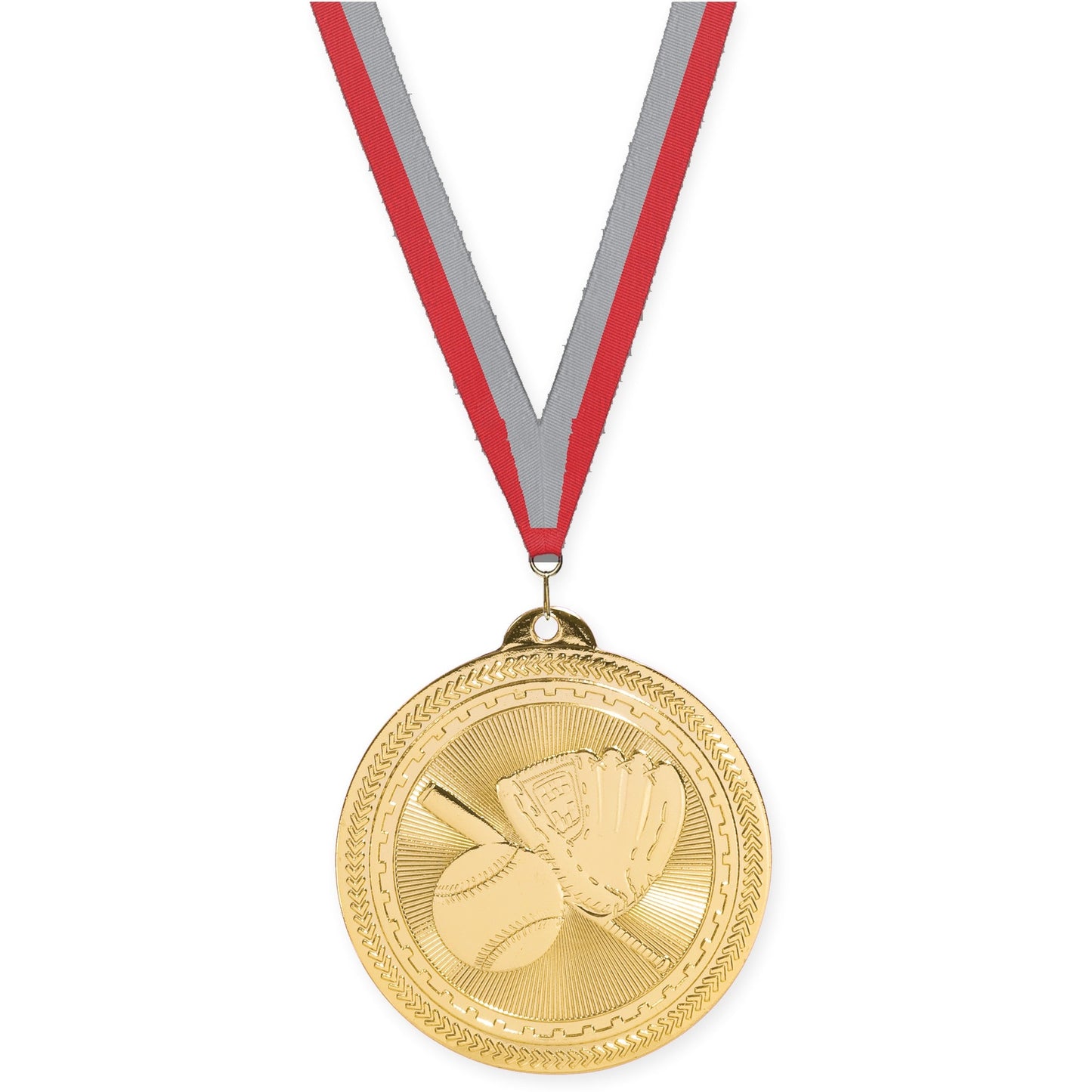 2 inch baseball and softball Sunburst medal in bright gold with Red Gray neck ribbon