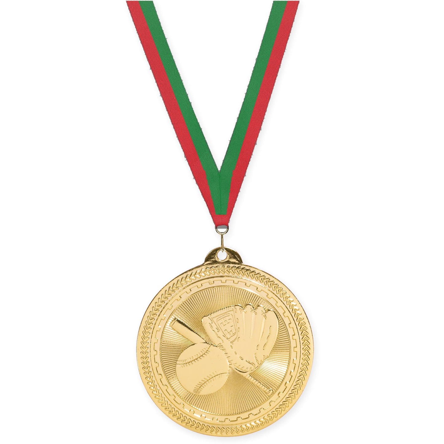 2 inch baseball and softball Sunburst medal in bright gold with Red Green neck ribbon