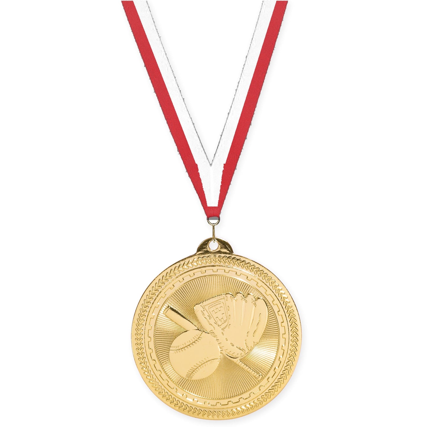 2 inch baseball and softball Sunburst medal in bright gold with Red White neck ribbon