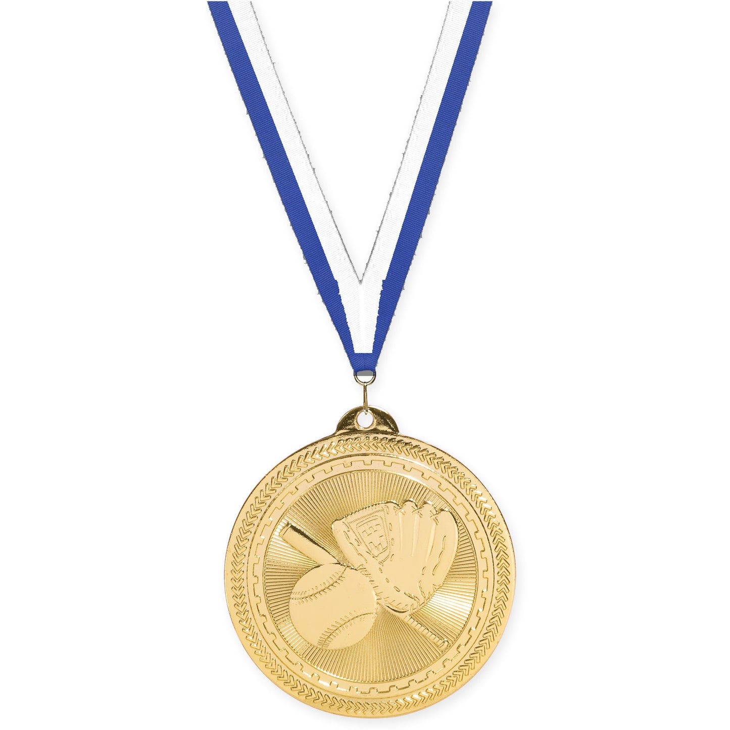 2 inch baseball and softball Sunburst medal in bright gold with Blue White neck ribbon