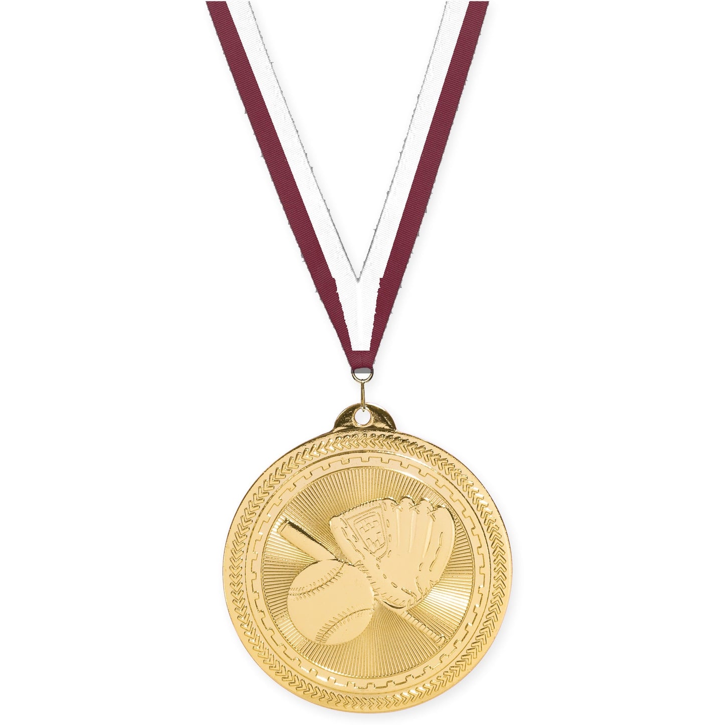 2 inch baseball and softball Sunburst medal in bright gold with Maroon White neck ribbon