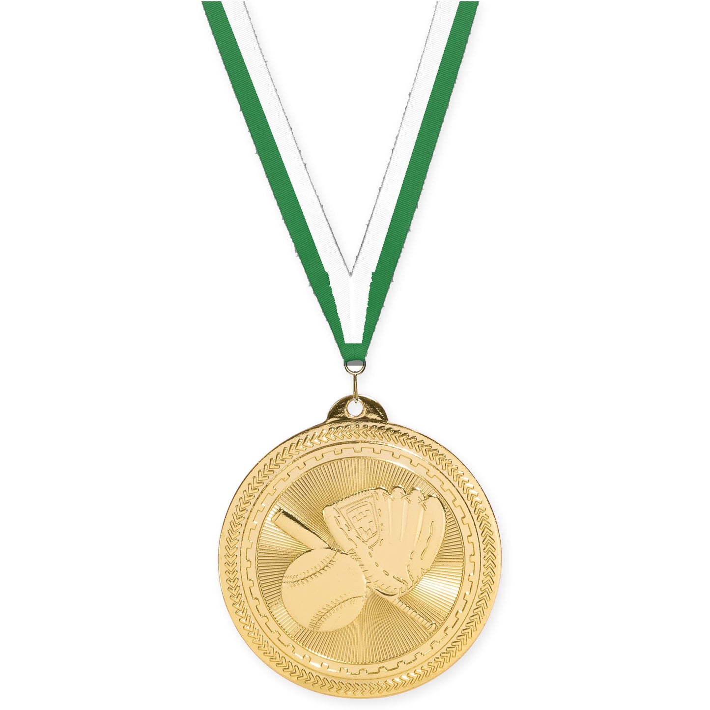 2 inch baseball and softball Sunburst medal in bright gold with Green White neck ribbon