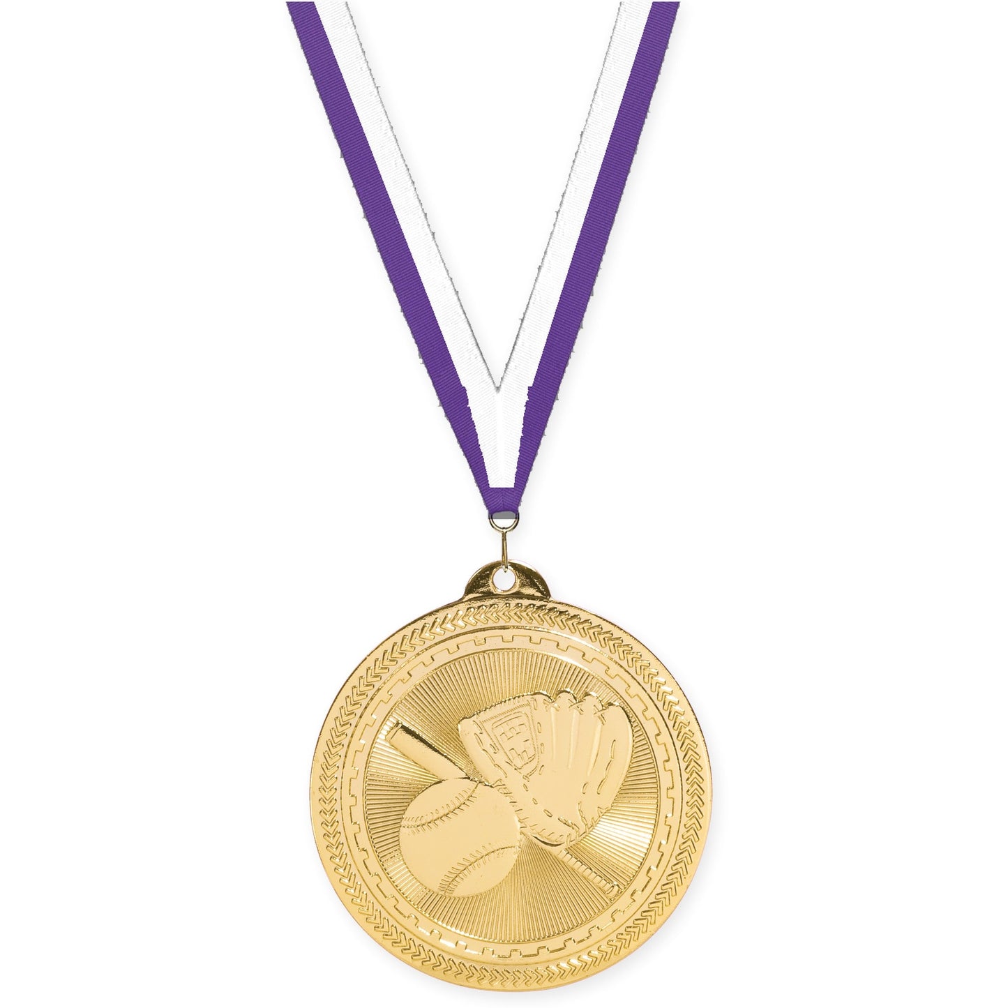 2 inch baseball and softball Sunburst medal in bright gold with Purple White neck ribbon