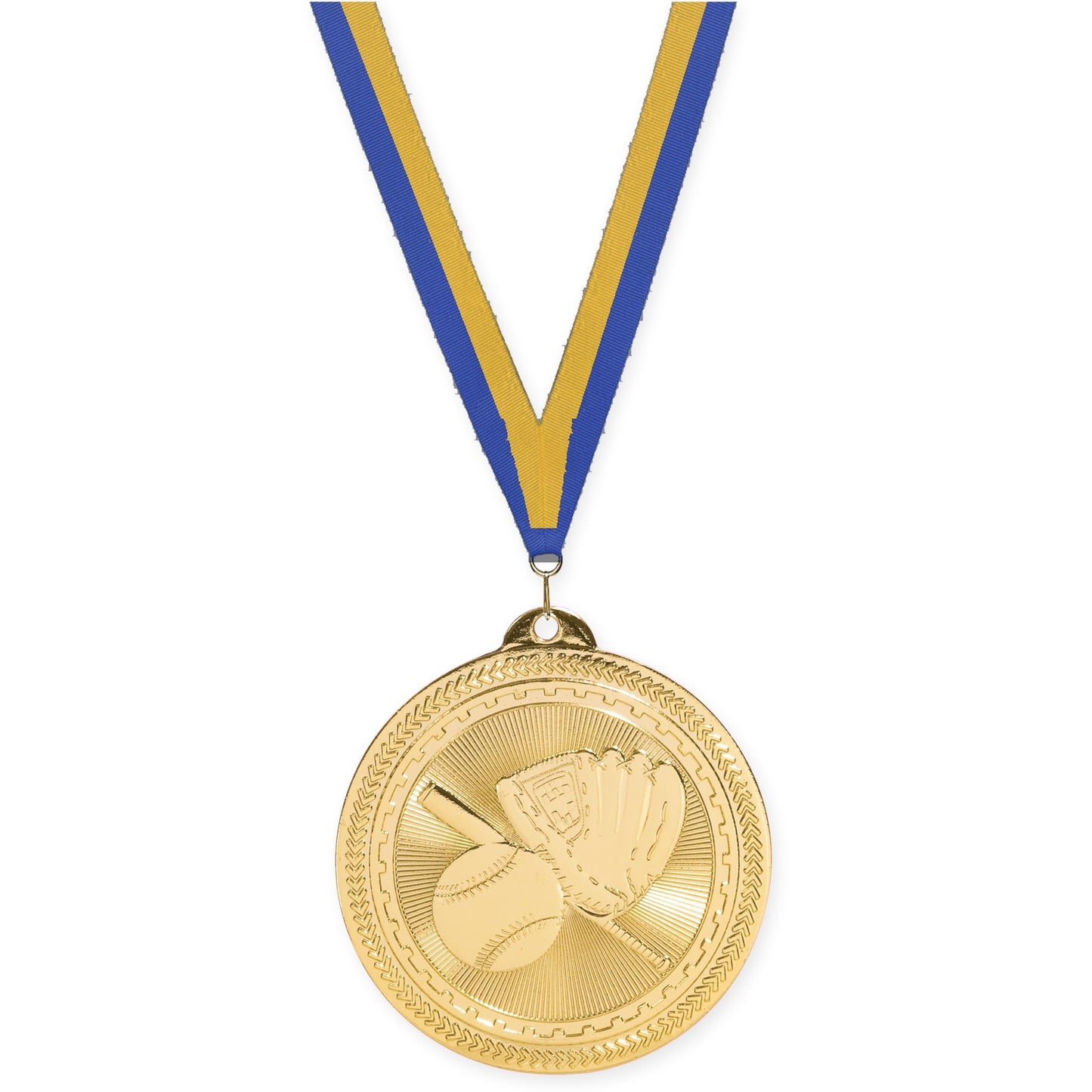 2 inch baseball and softball Sunburst medal in bright gold with Blue Gold neck ribbon
