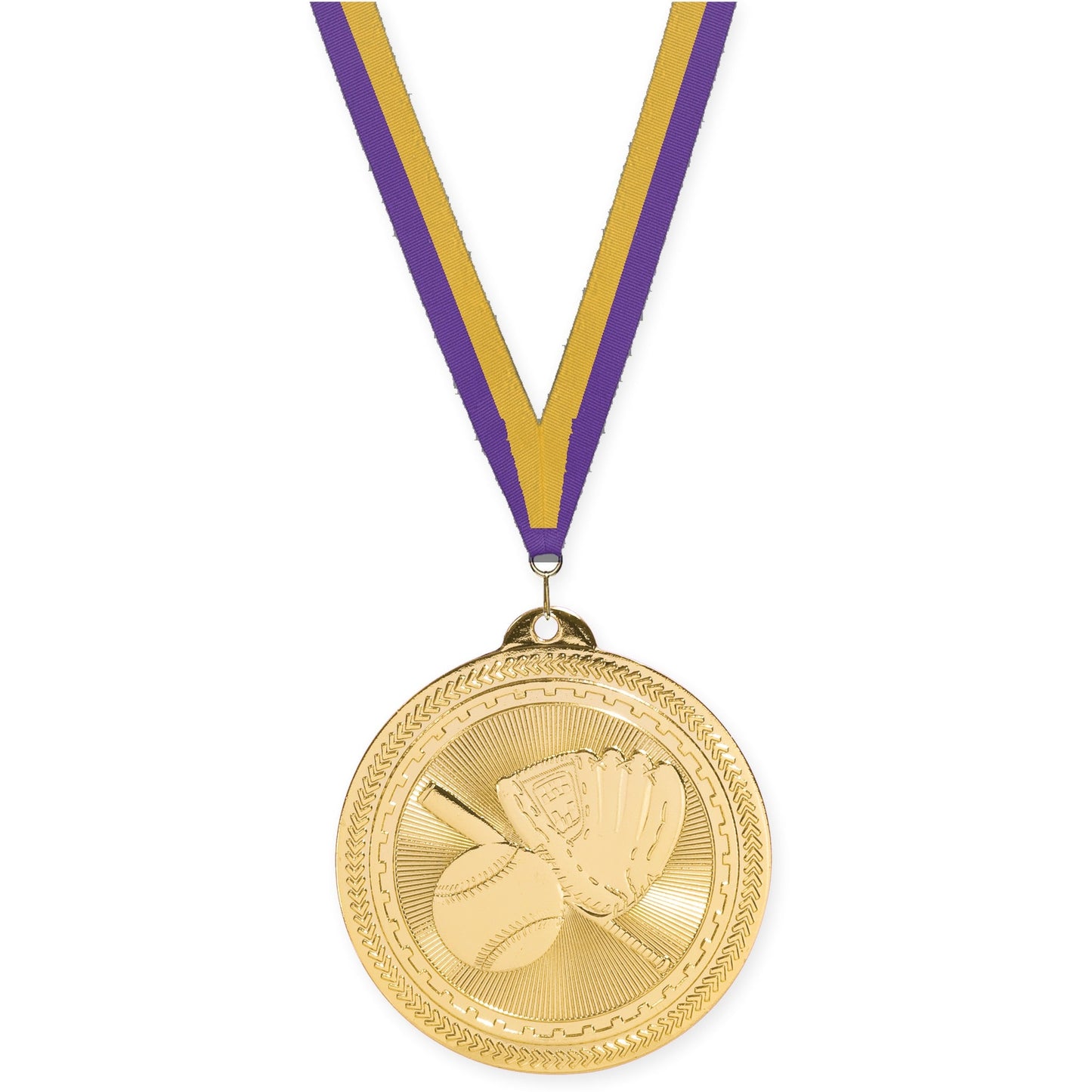 2 inch baseball and softball Sunburst medal in bright gold with Purple Gold neck ribbon