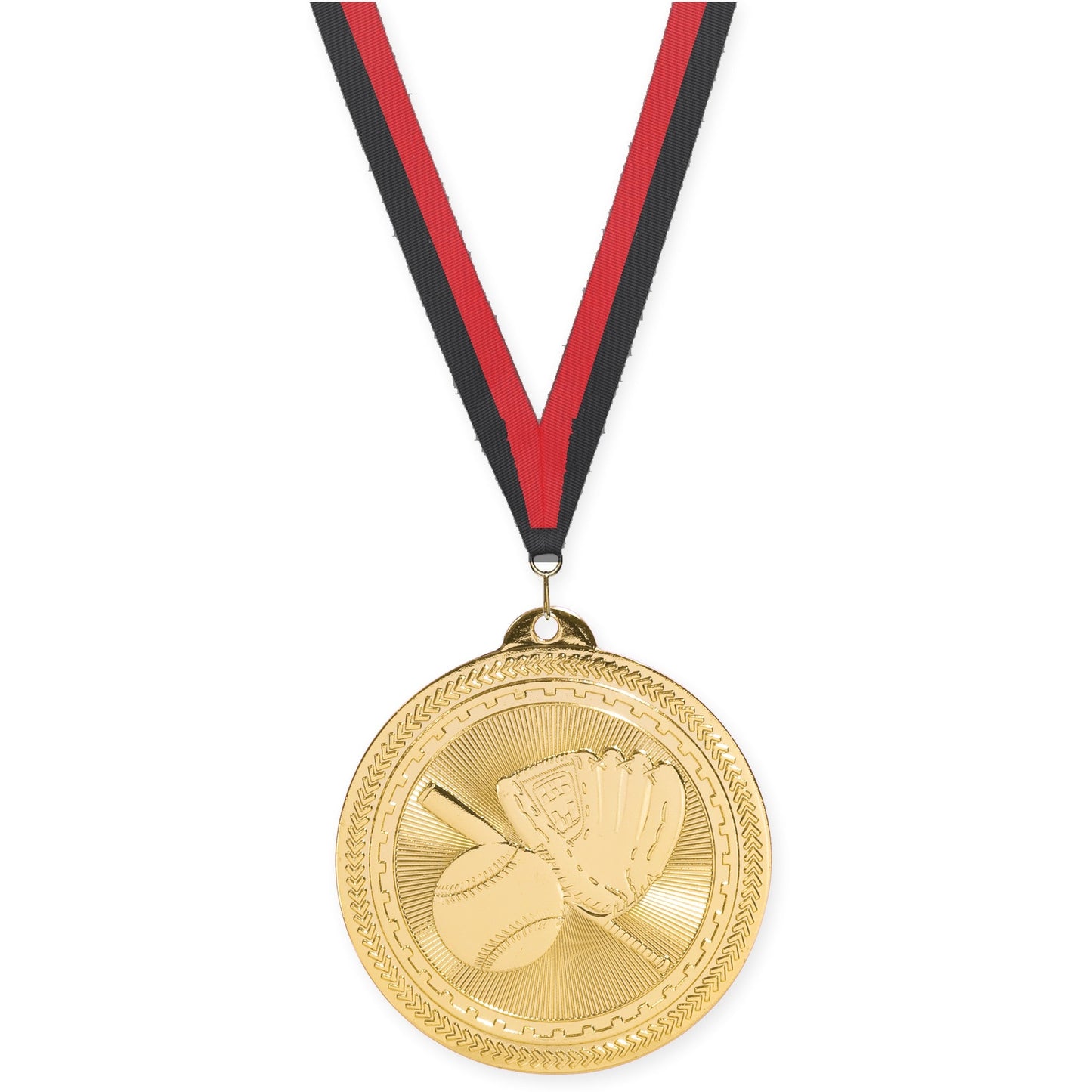 2 inch baseball and softball Sunburst medal in bright gold with Black Red neck ribbon