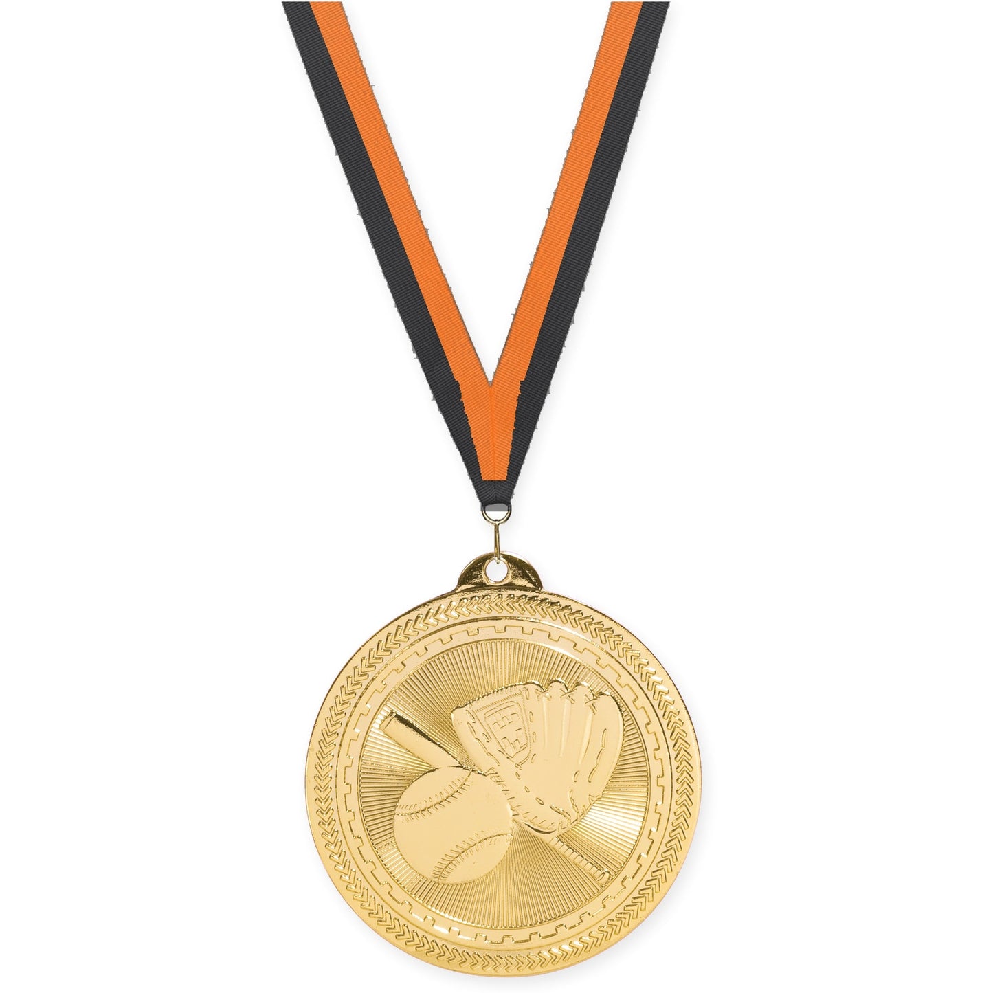 2 inch baseball and softball Sunburst medal in bright gold with Black Orange neck ribbon