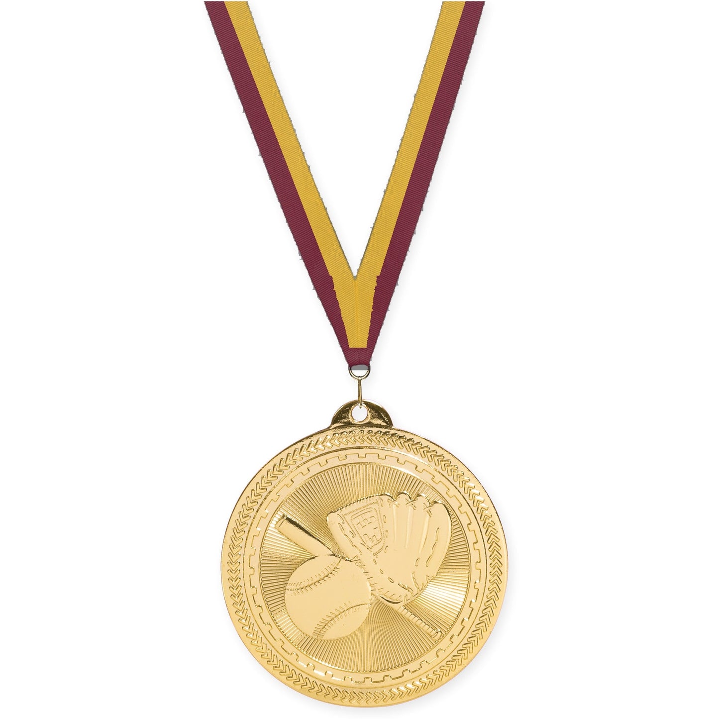 2 inch baseball and softball Sunburst medal in bright gold with Maroon Gold neck ribbon