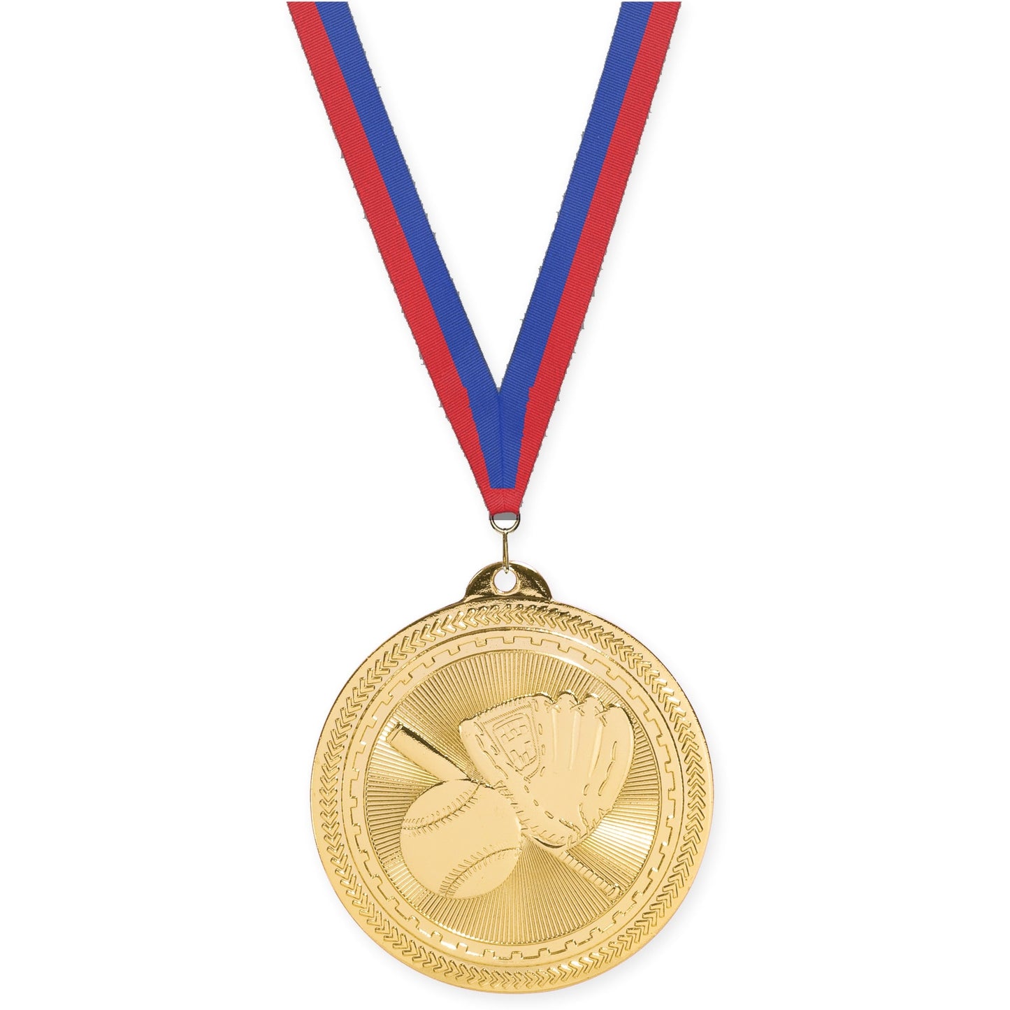 2 inch baseball and softball Sunburst medal in bright gold with Blue Red neck ribbon