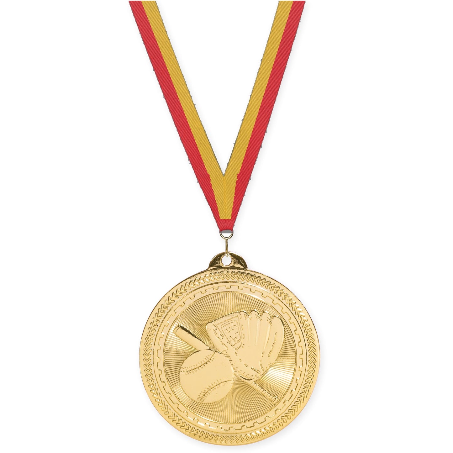 2 inch baseball and softball Sunburst medal in bright gold with Red Gold neck ribbon