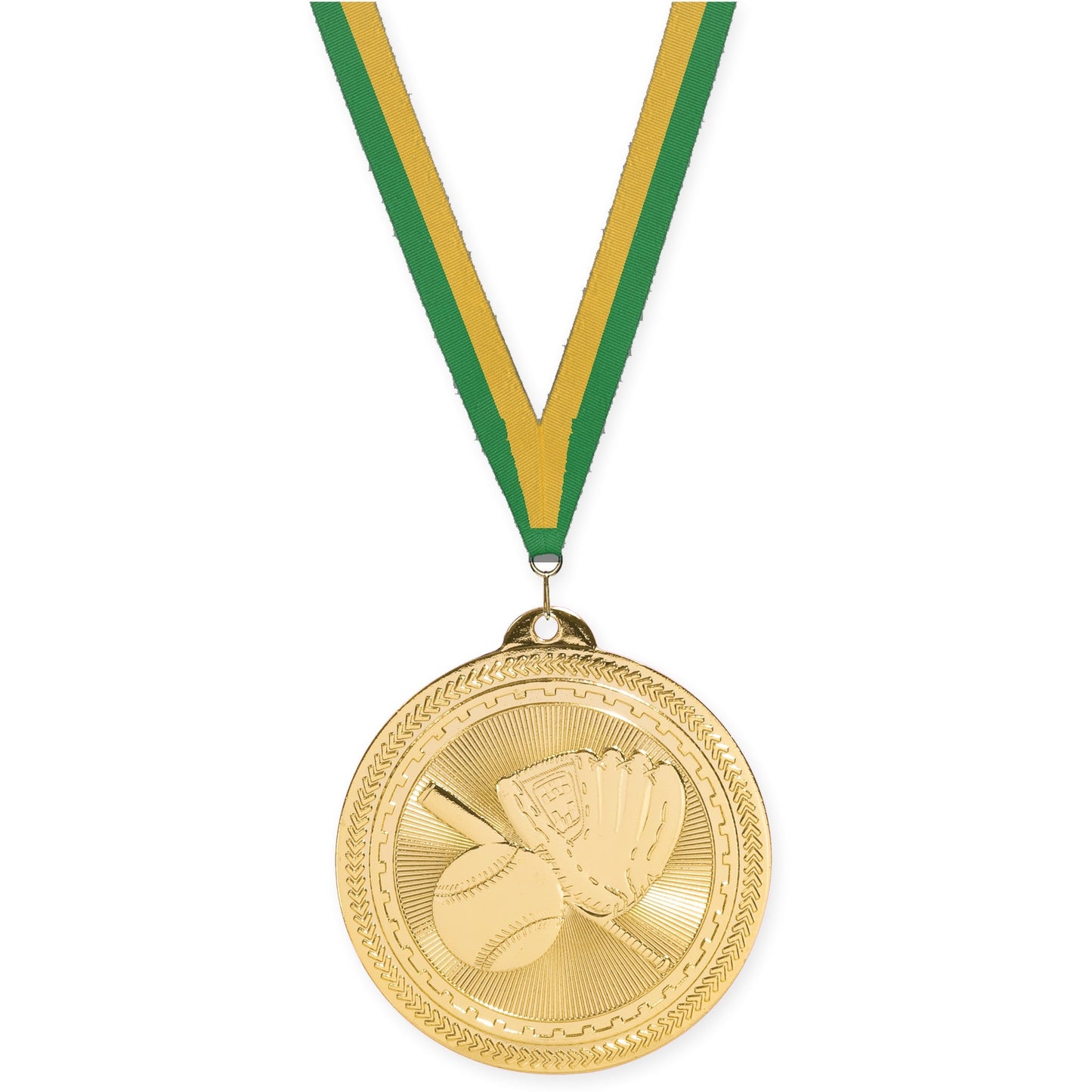 2 inch baseball and softball Sunburst medal in bright gold with Green Gold neck ribbon