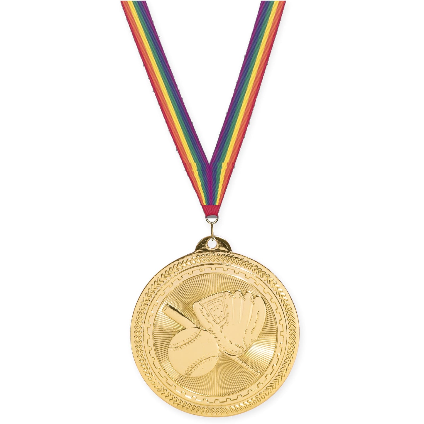 2 inch baseball and softball Sunburst medal in bright gold with Rainbow neck ribbon
