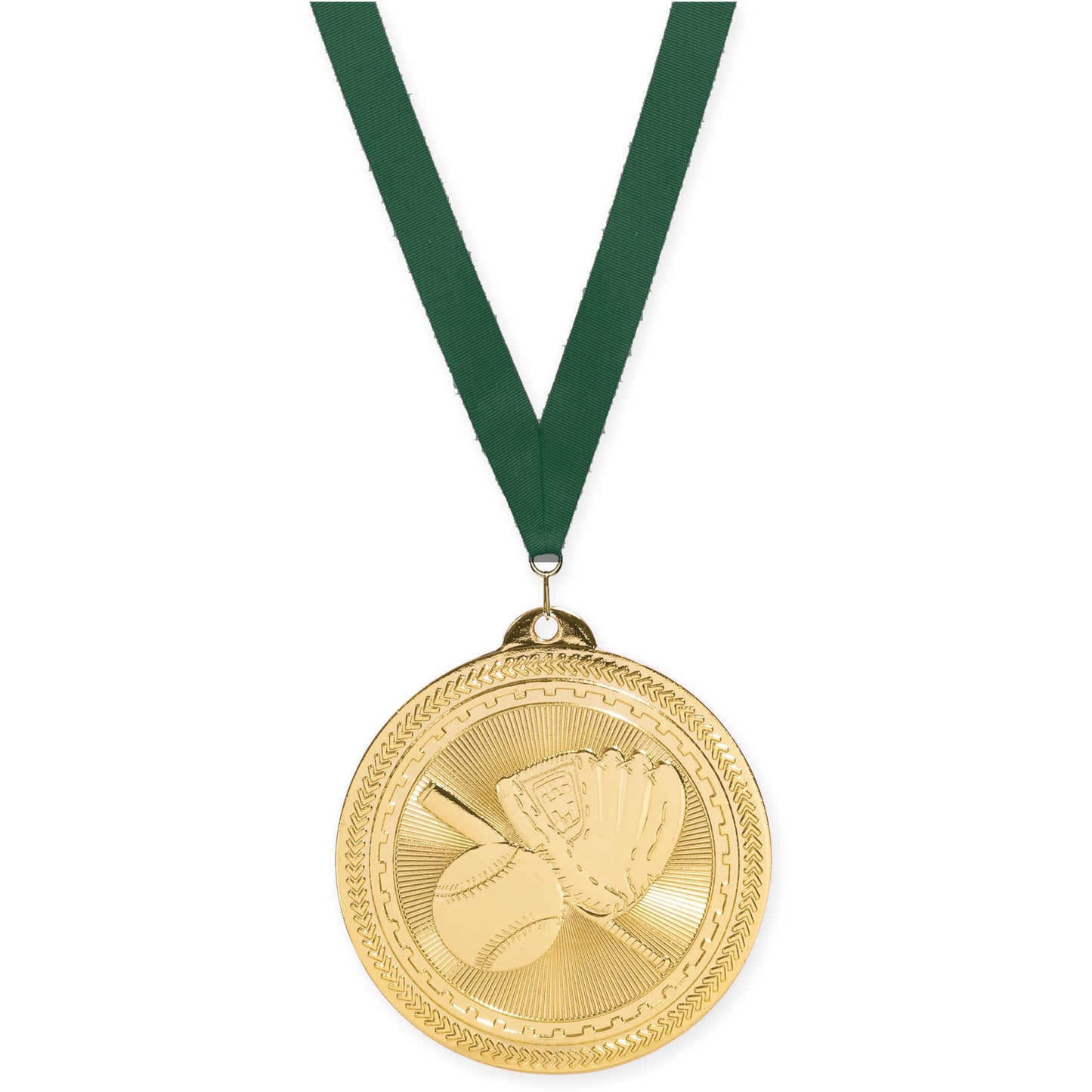 2 inch baseball and softball Sunburst medal in bright gold with Hunter Green neck ribbon
