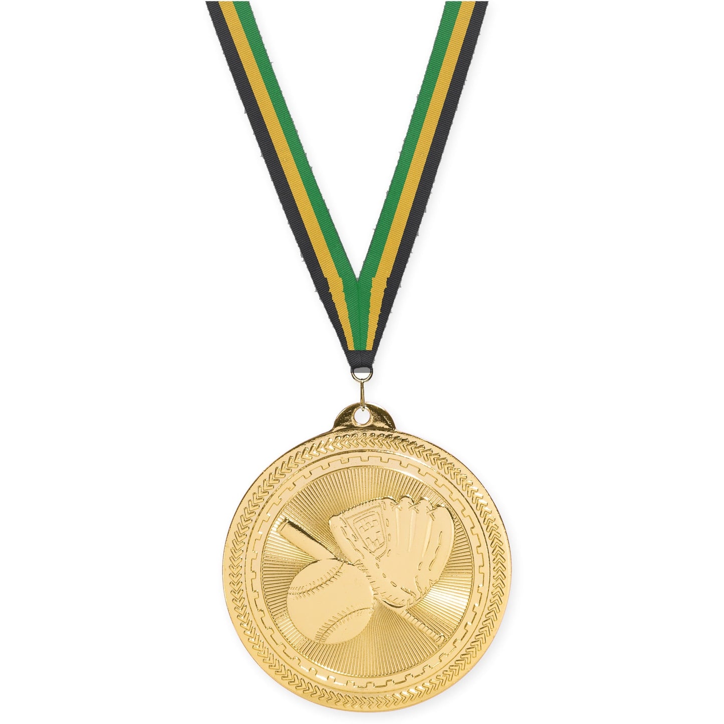 2 inch baseball and softball Sunburst medal in bright gold with Black Gold Green neck ribbon