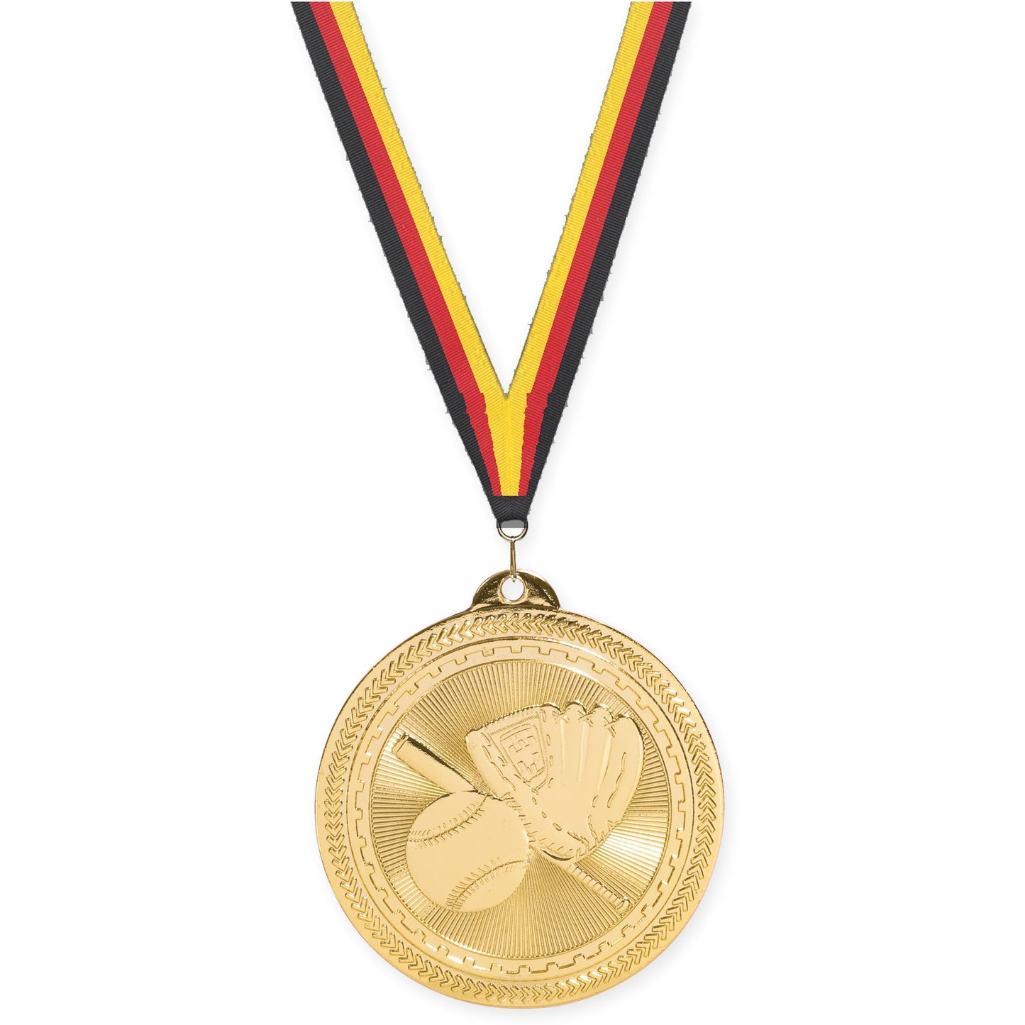 2 inch baseball and softball Sunburst medal in bright gold with Black Red Yellow neck ribbon