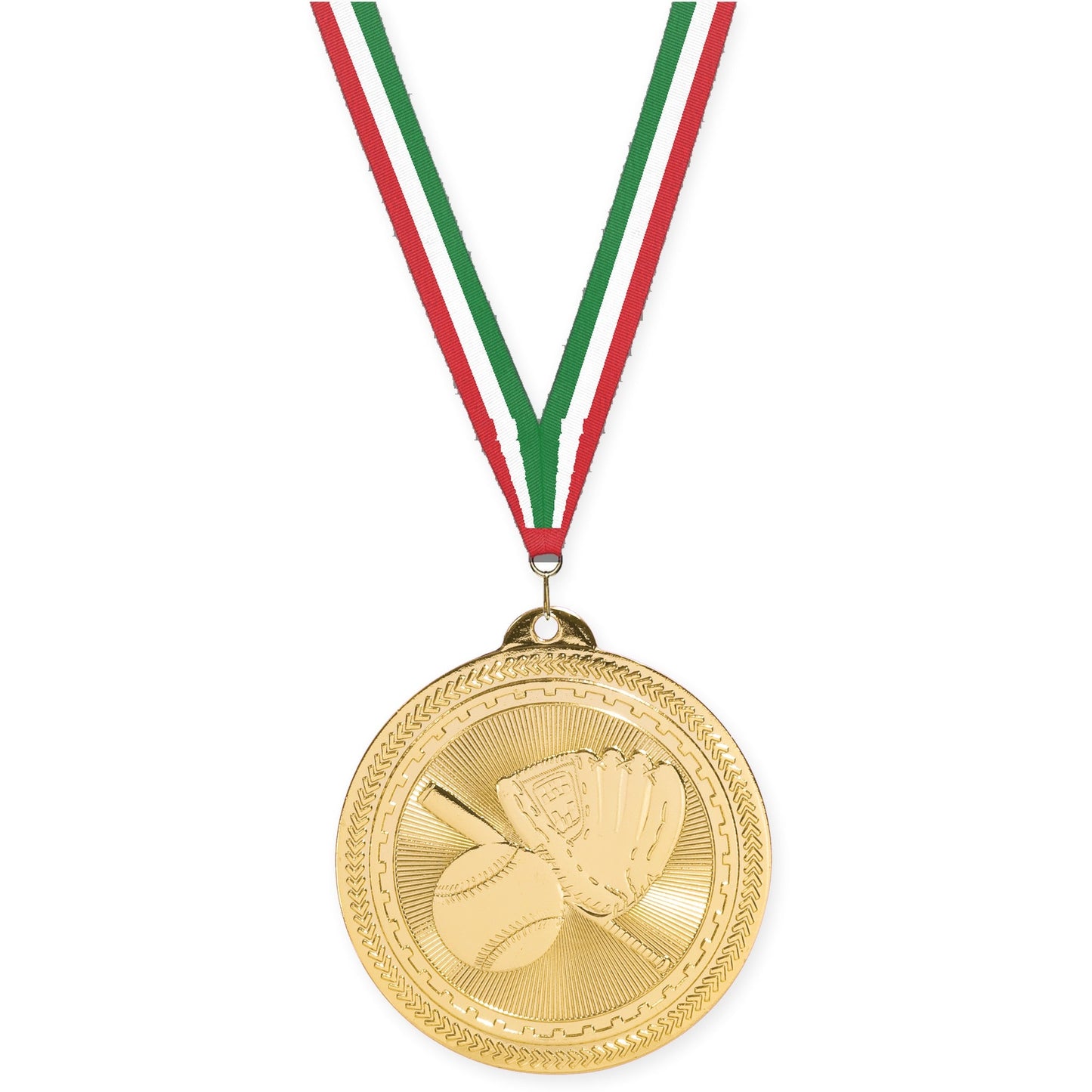 2 inch baseball and softball Sunburst medal in bright gold with Red White Green neck ribbon