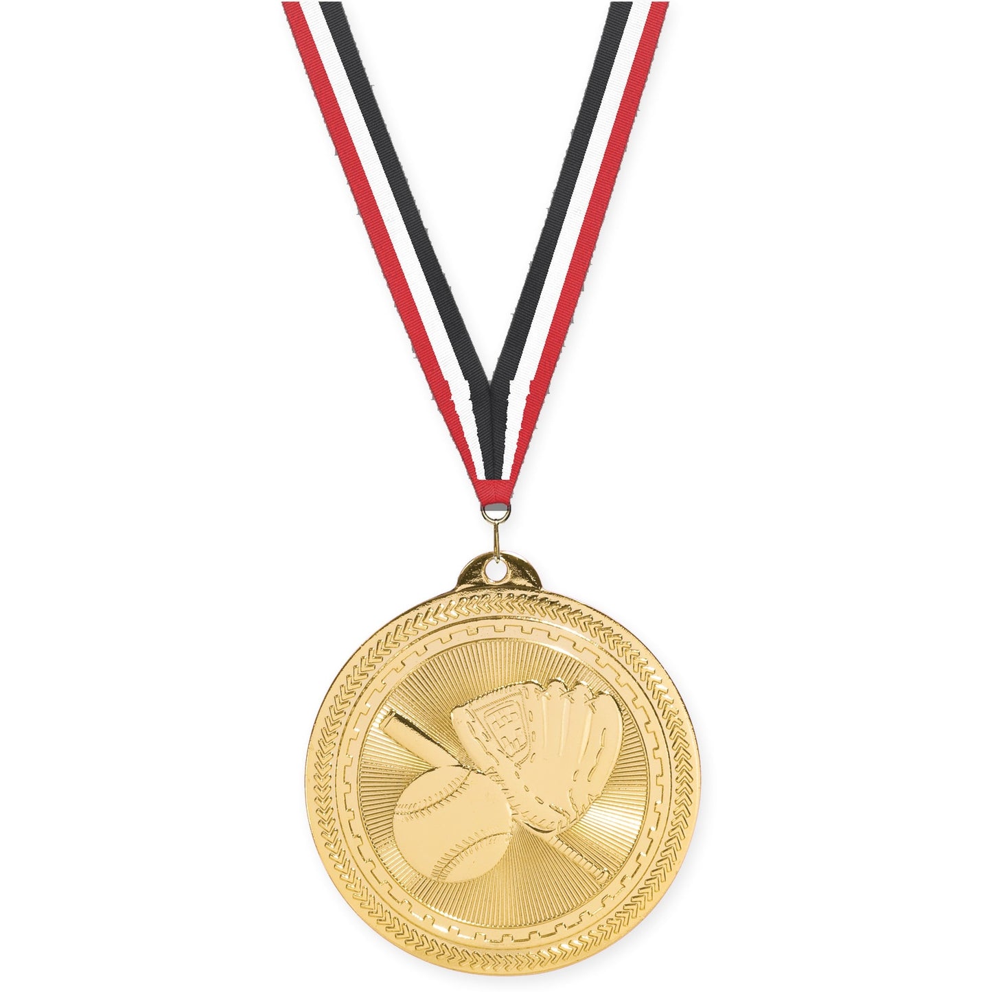 2 inch baseball and softball Sunburst medal in bright gold with Red White Black neck ribbon