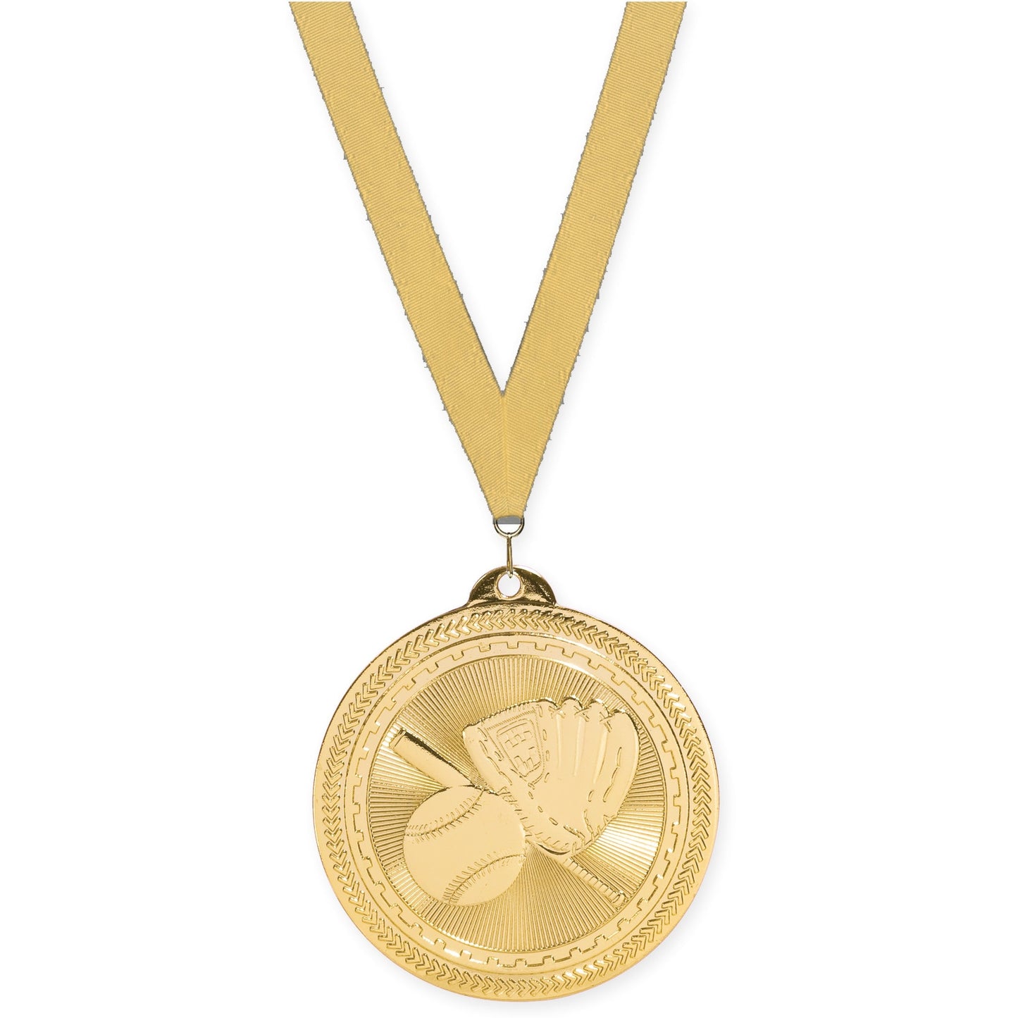 2 inch baseball and softball Sunburst medal in bright gold with Gold Metallic neck ribbon
