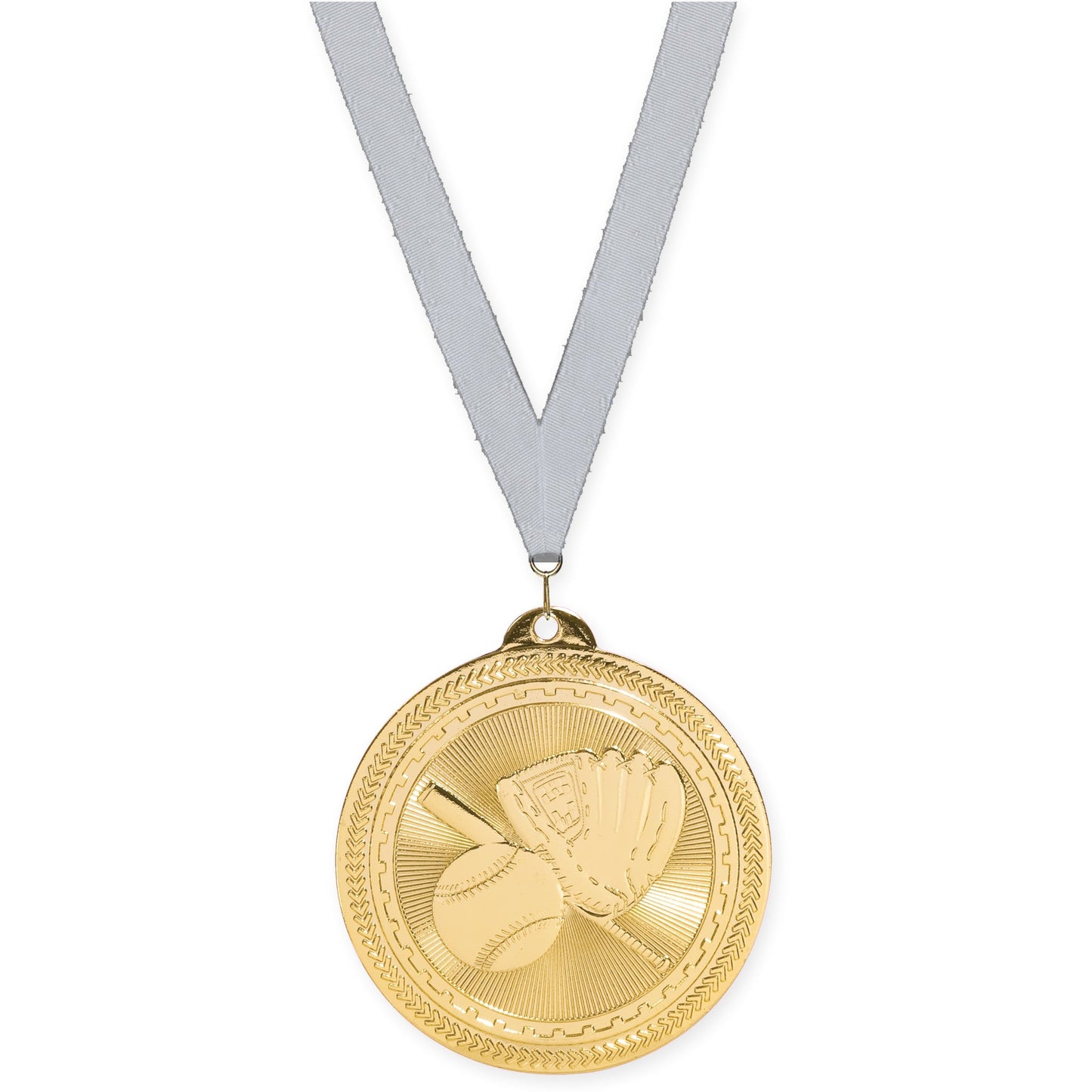 2 inch baseball and softball Sunburst medal in bright gold with Silver Metallic neck ribbon