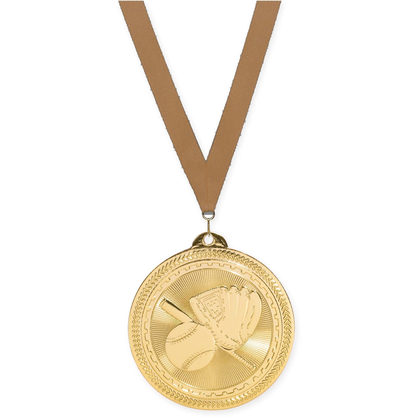 2 inch baseball and softball Sunburst medal in bright gold with Bronze Metallic neck ribbon
