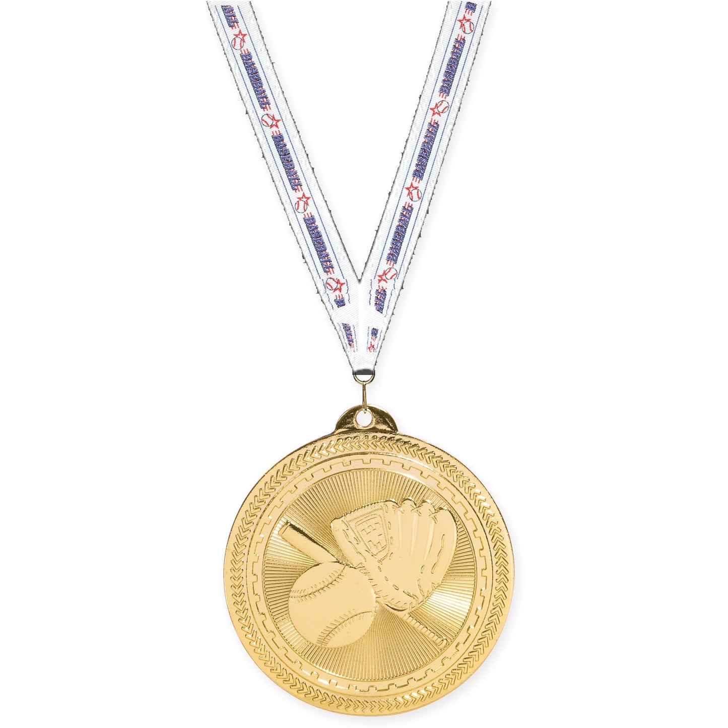 2 inch baseball and softball Sunburst medal in bright gold with Baseball neck ribbon