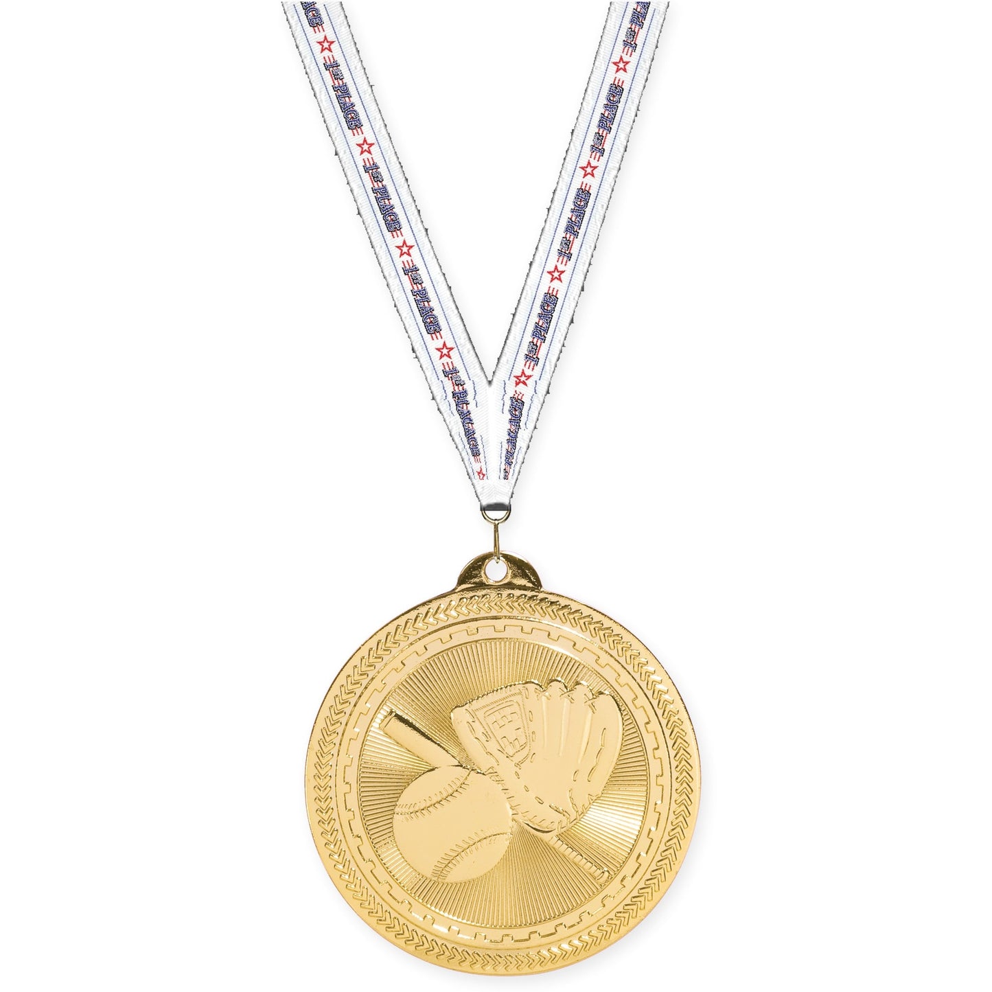 2 inch baseball and softball Sunburst medal in bright gold with 1st Place neck ribbon