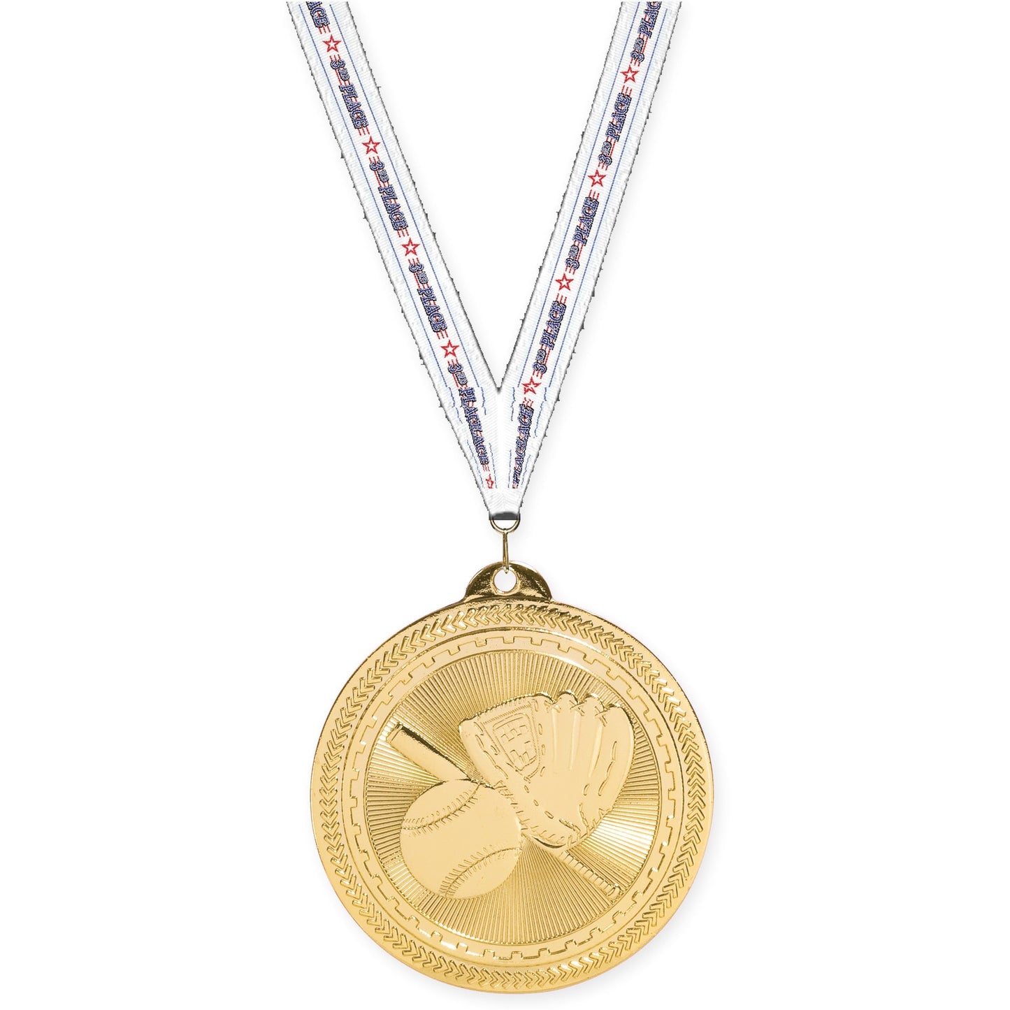 2 inch baseball and softball Sunburst medal in bright gold with 3rd Place neck ribbon