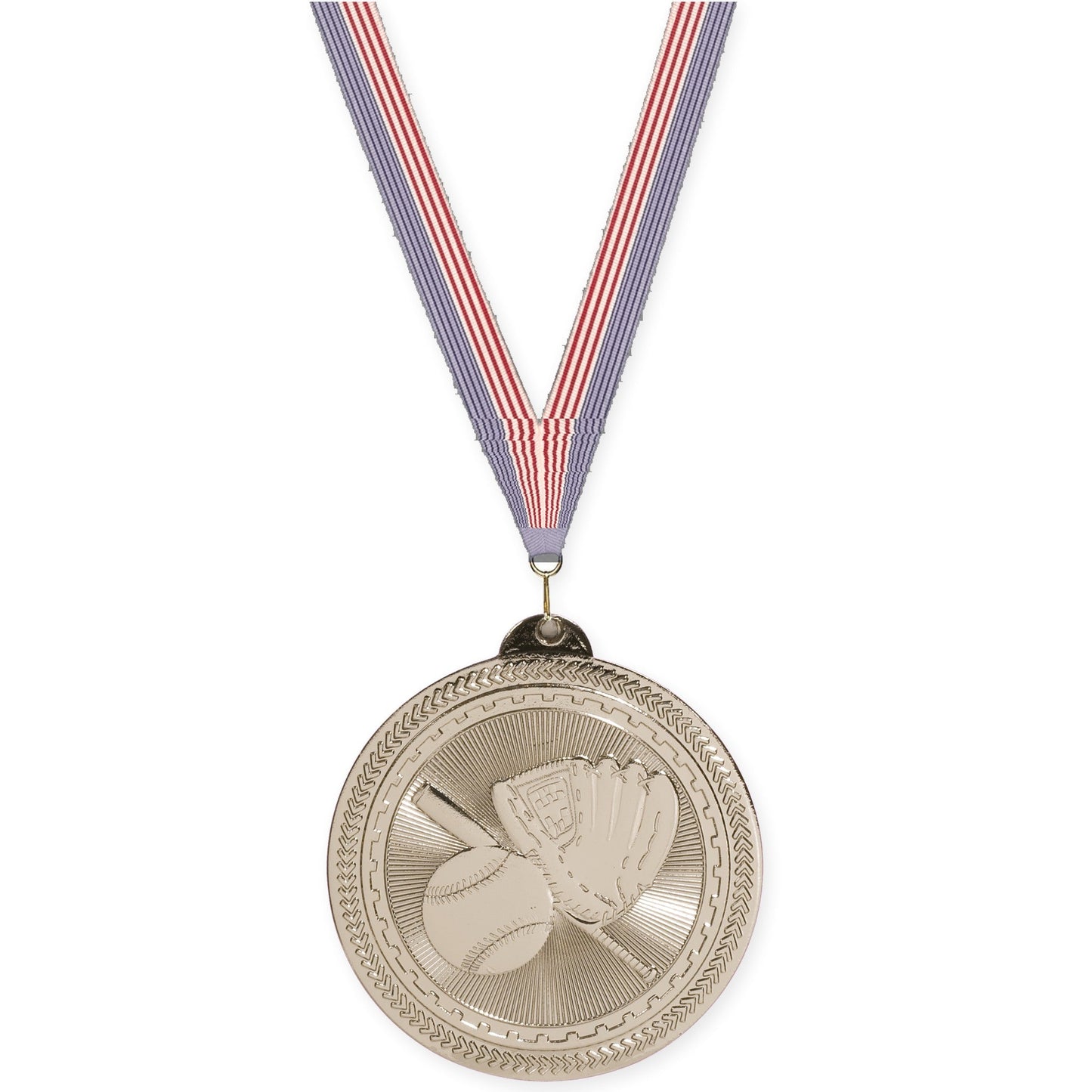 2 inch baseball and softball Sunburst medal in bright silver with USA Flag neck ribbon